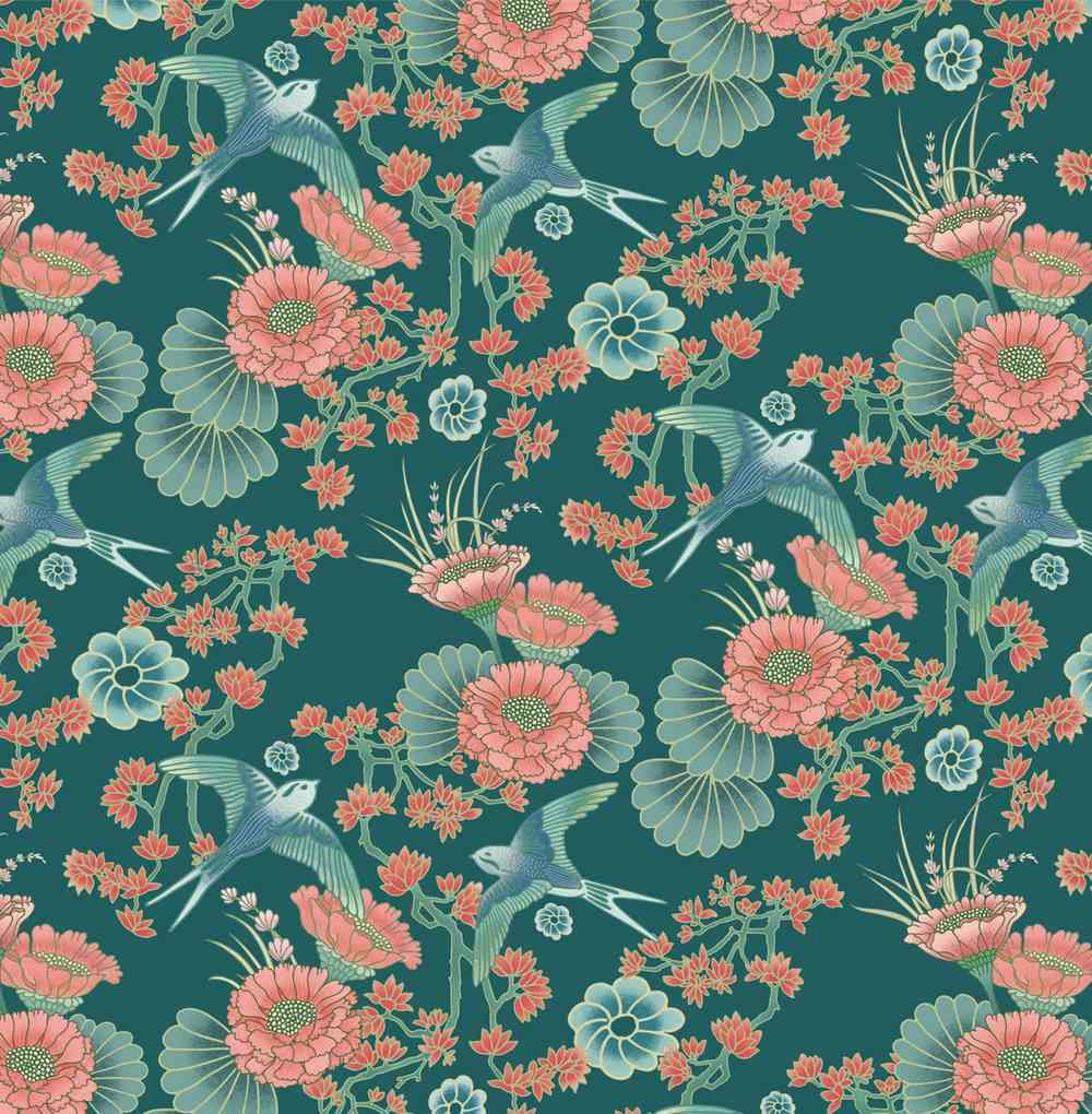 A digital illustration of a repeat print featuring pink flowers adorned with blue leaves and birds flying around them. The background of the print is a dark teal.