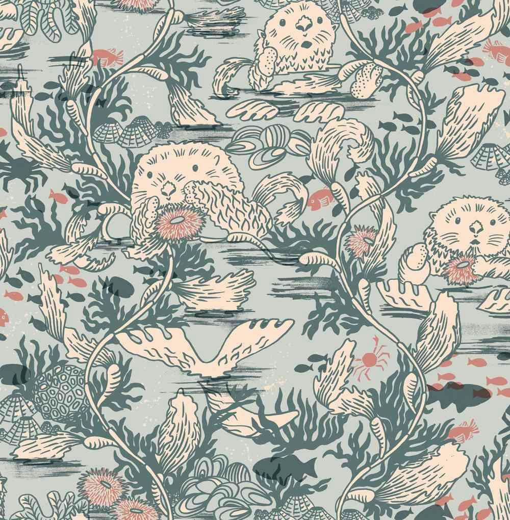 A digital repeat pattern print featuring otters in the sea among flowers, seaweed and fish. The colours include a light grey and orange.