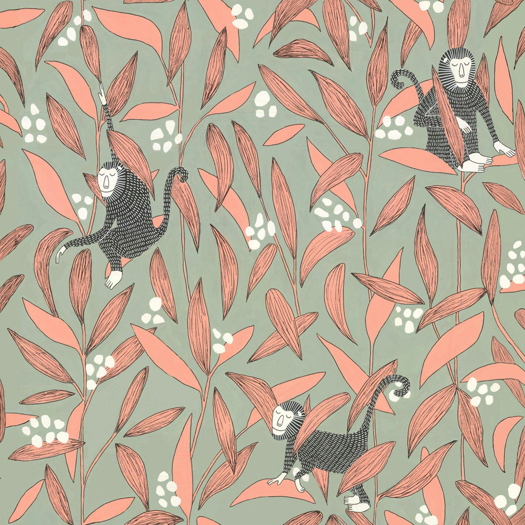 A digital illustration of pink leaves in a vertical pattern with white blossoms dotted around on a sage green background There are three monkeys placed in different positions around the leaves.