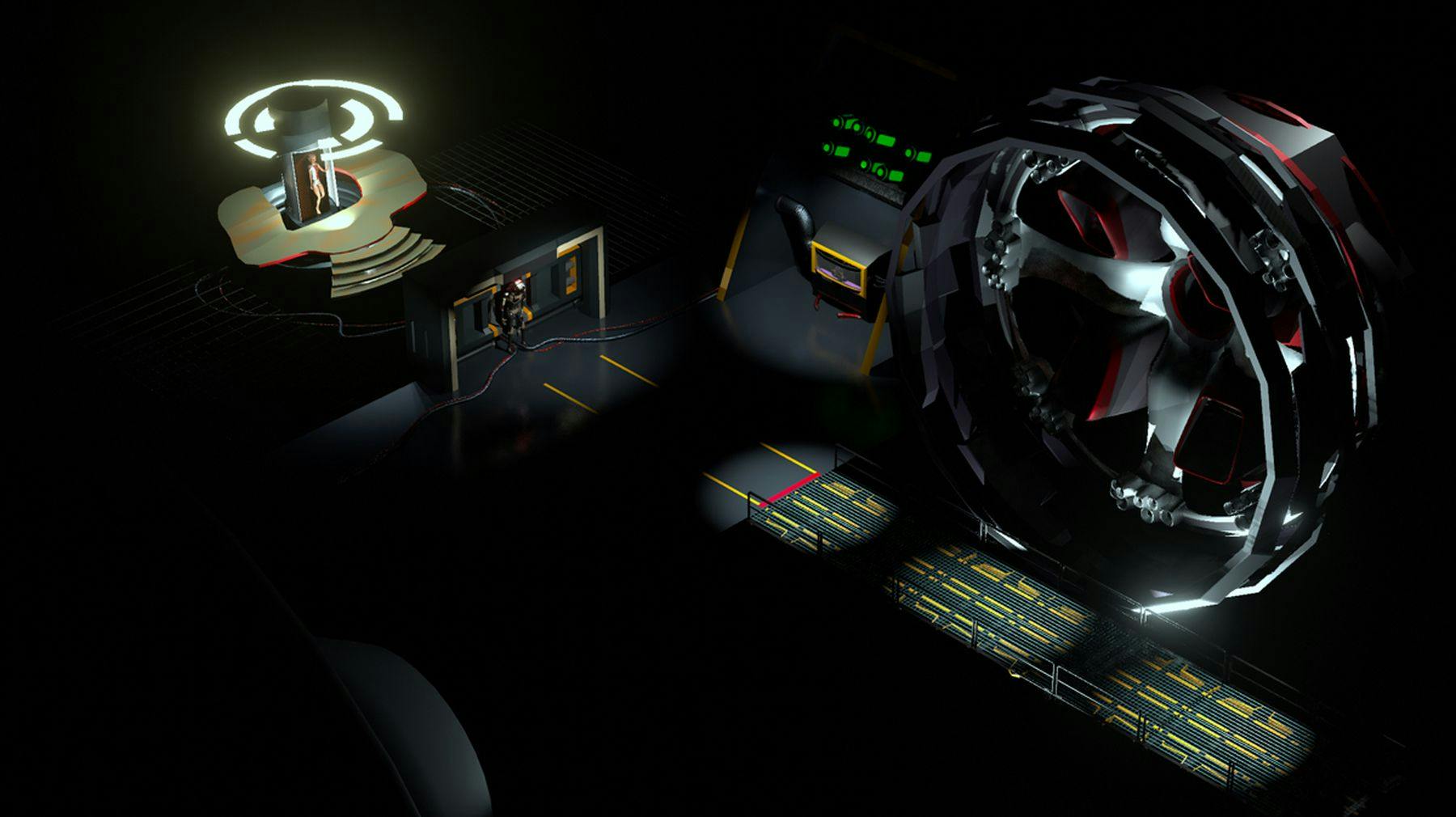 A digital drawing of a person and robot walking into a black room filled with machinery. There is a walkway in the middle of the room, to the side of it is a large wheel-like apparatus. Next to it is a desk and chair with green lights.