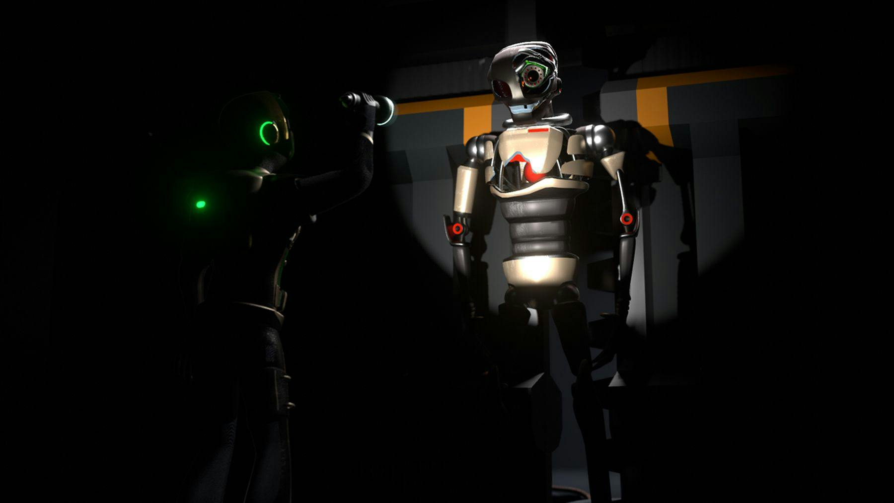 A digital drawing of a robot shining a torch on another robot that is stood against the wall. The torchlight spotlights the robot and shows their outer shell which is silver and black.