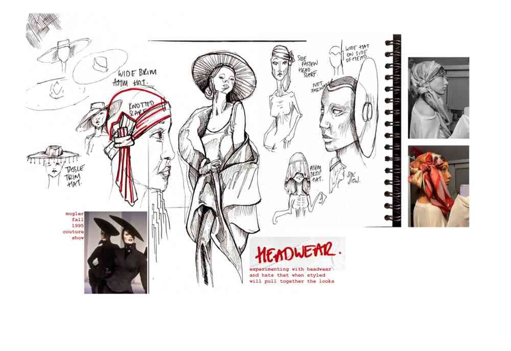 A series of sketches and photographs with the title and definition Headwear: experimenting with headwear and hats that when styled will pull together the looks. Hat sketches are titled wide brim asym hat, tassle trim hat, side fasten head scarf and wide hat on side of head.