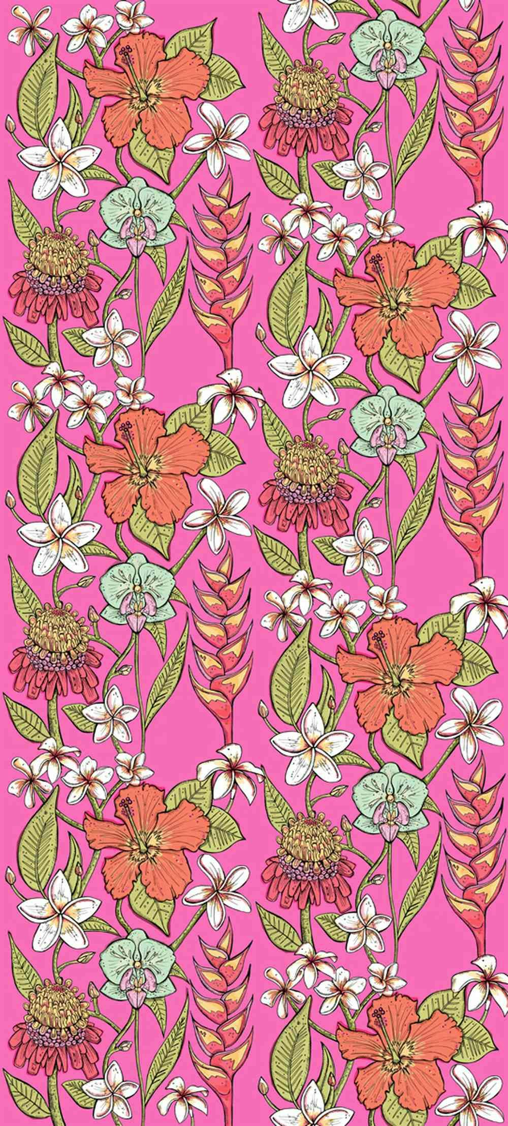 A repeat pattern digital illustration of flowers and leaves against a bright pink background. The flowers and leaves are different shades of pinks, creams, blues and greens.