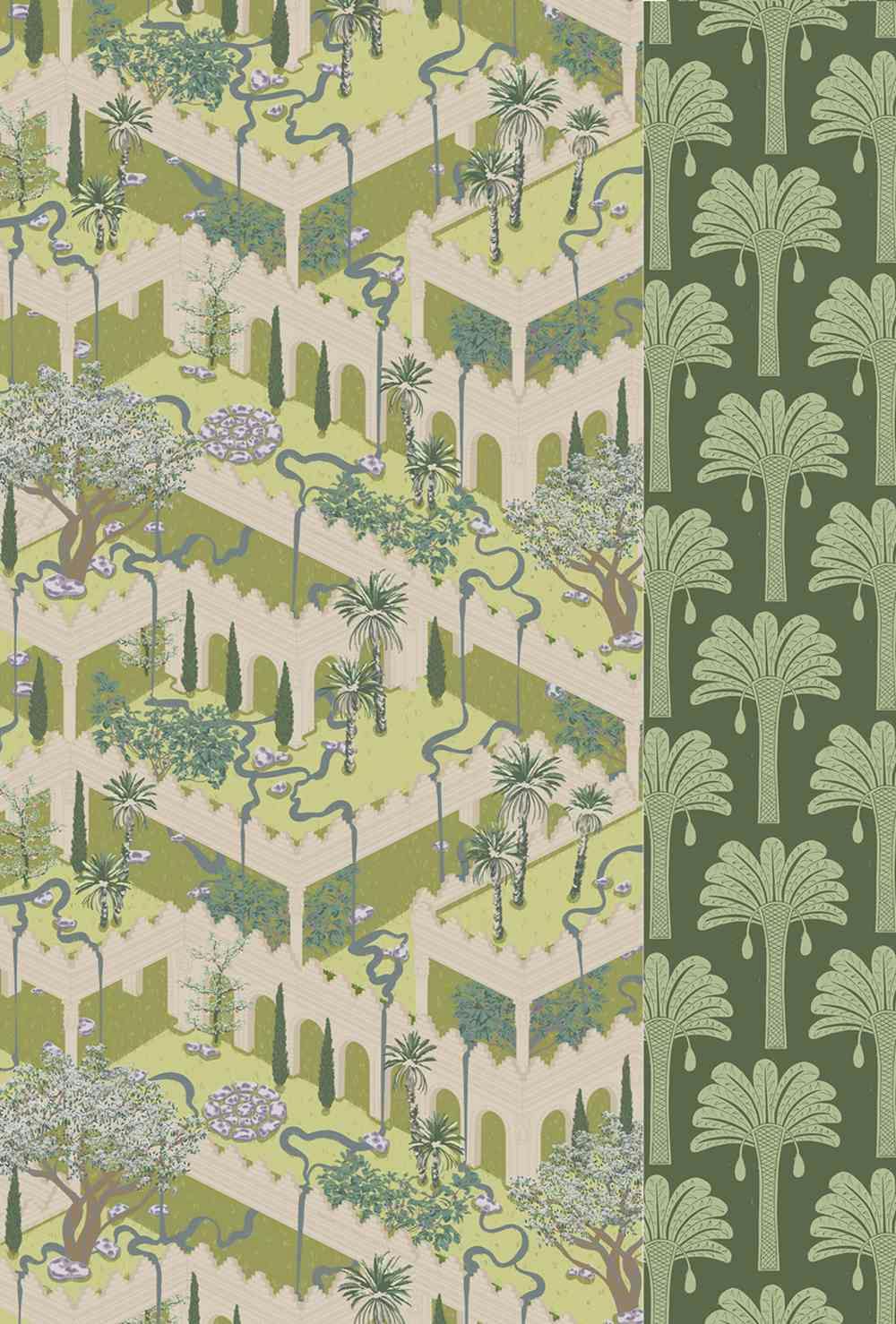A digital illustration featuring two different patterns side by side. The first pattern consists of three quarters of the design and features a white ornate palace with trees dotted around. The second pattern features green palm trees against a dark green background.
