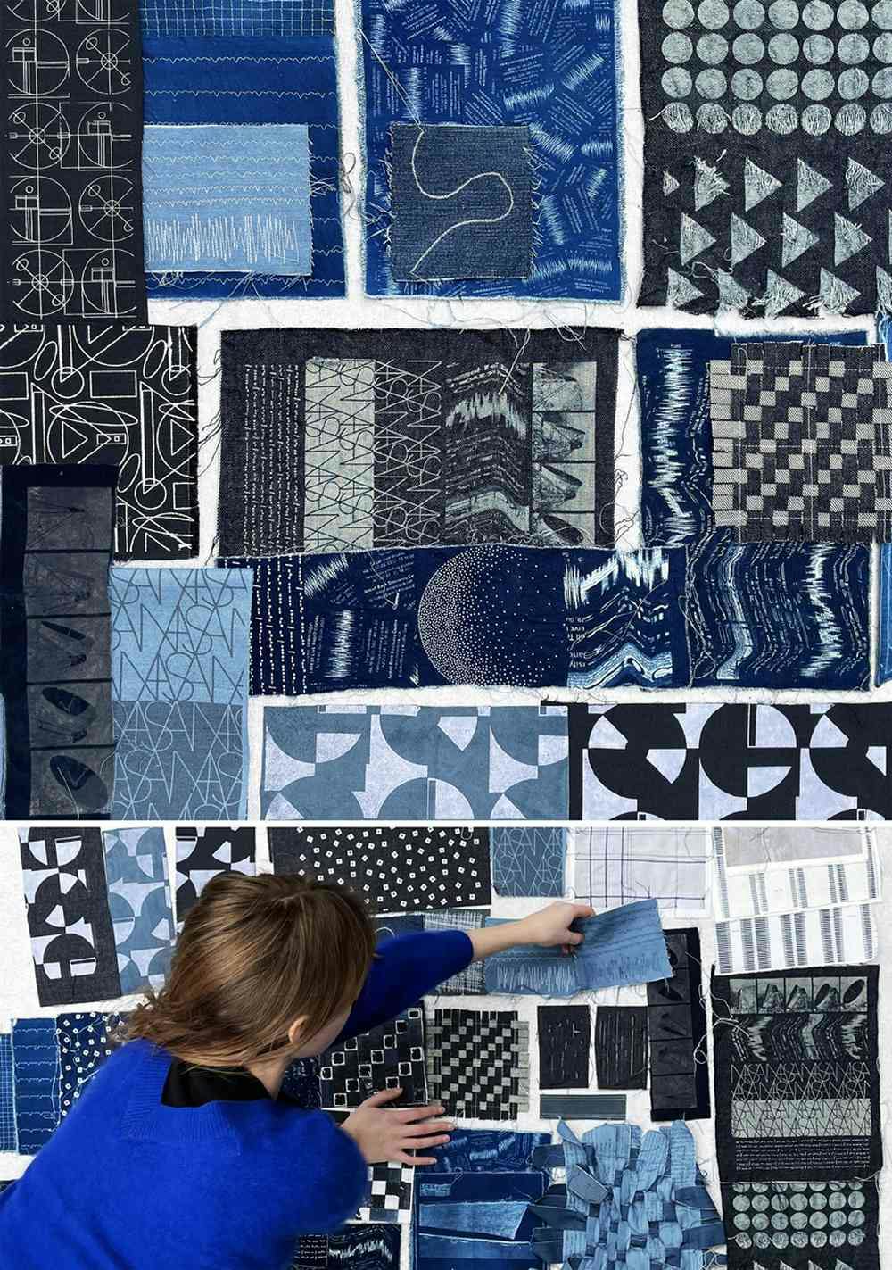 Two photographs featuring a collage of various blue fabrics placed together with different print and embroidered patterns. The second photograph shows a person placing a piece of fabric on the collage.