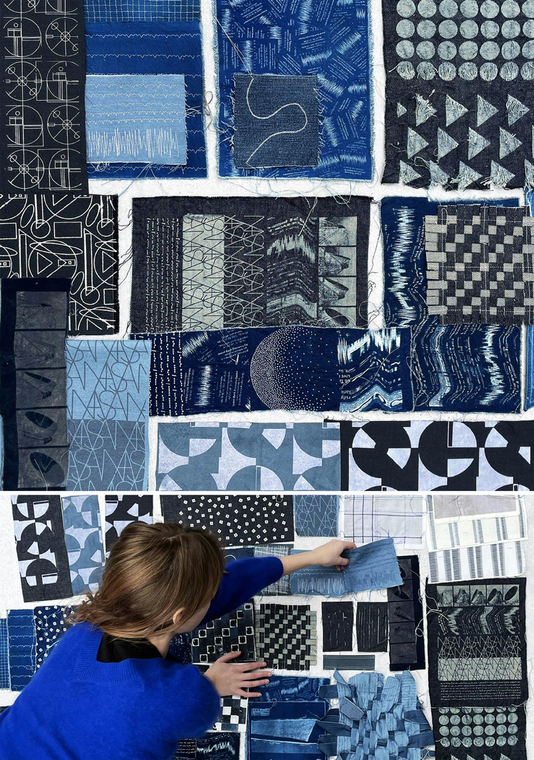 Two photographs featuring a collage of various blue fabrics placed together with different print and embroidered patterns. The second photograph shows a person placing a piece of fabric on the collage.
