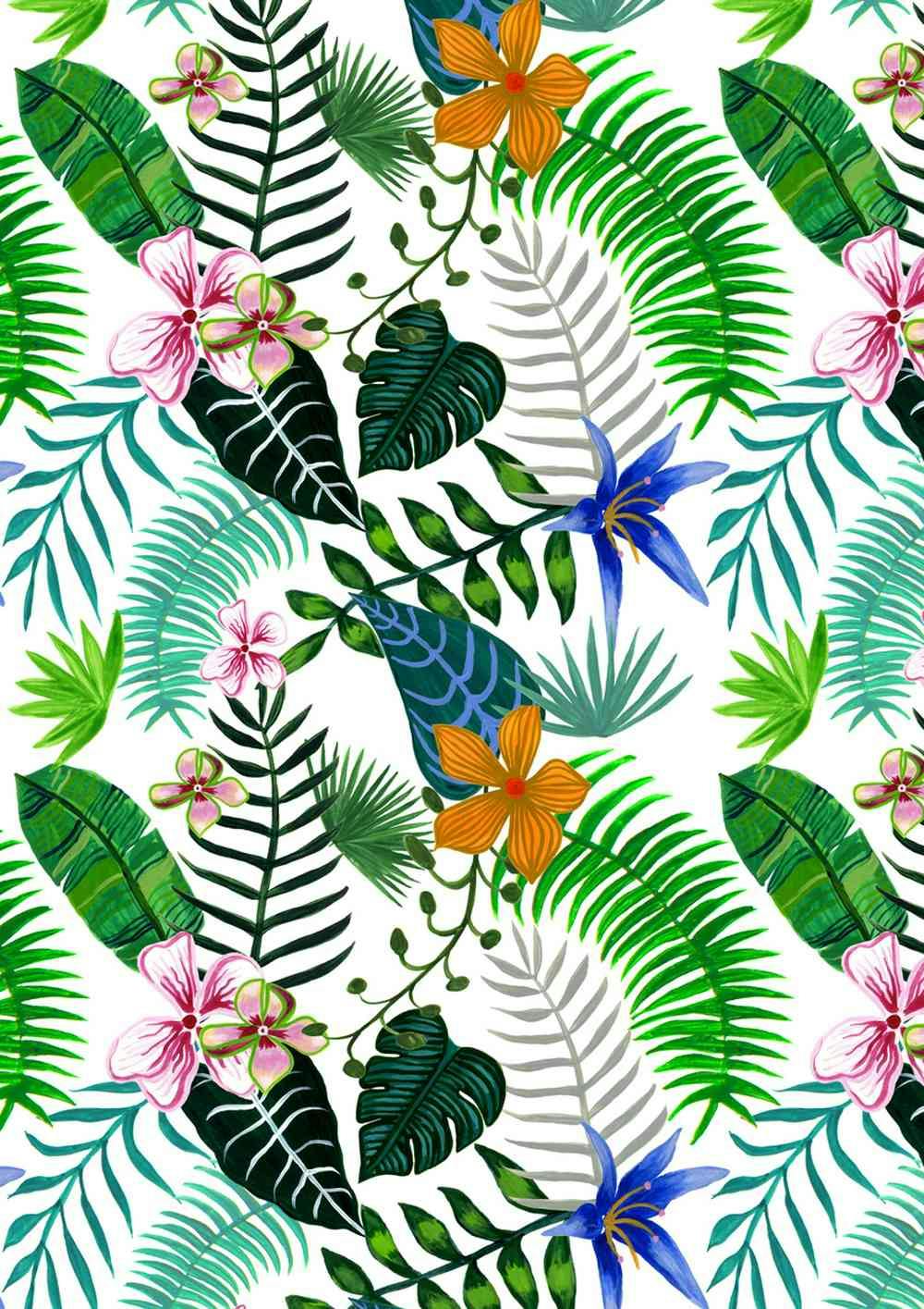 A digital illustration of a repeat pattern of different coloured flowers and leaves. Colours include blues, pinks, creams and oranges.