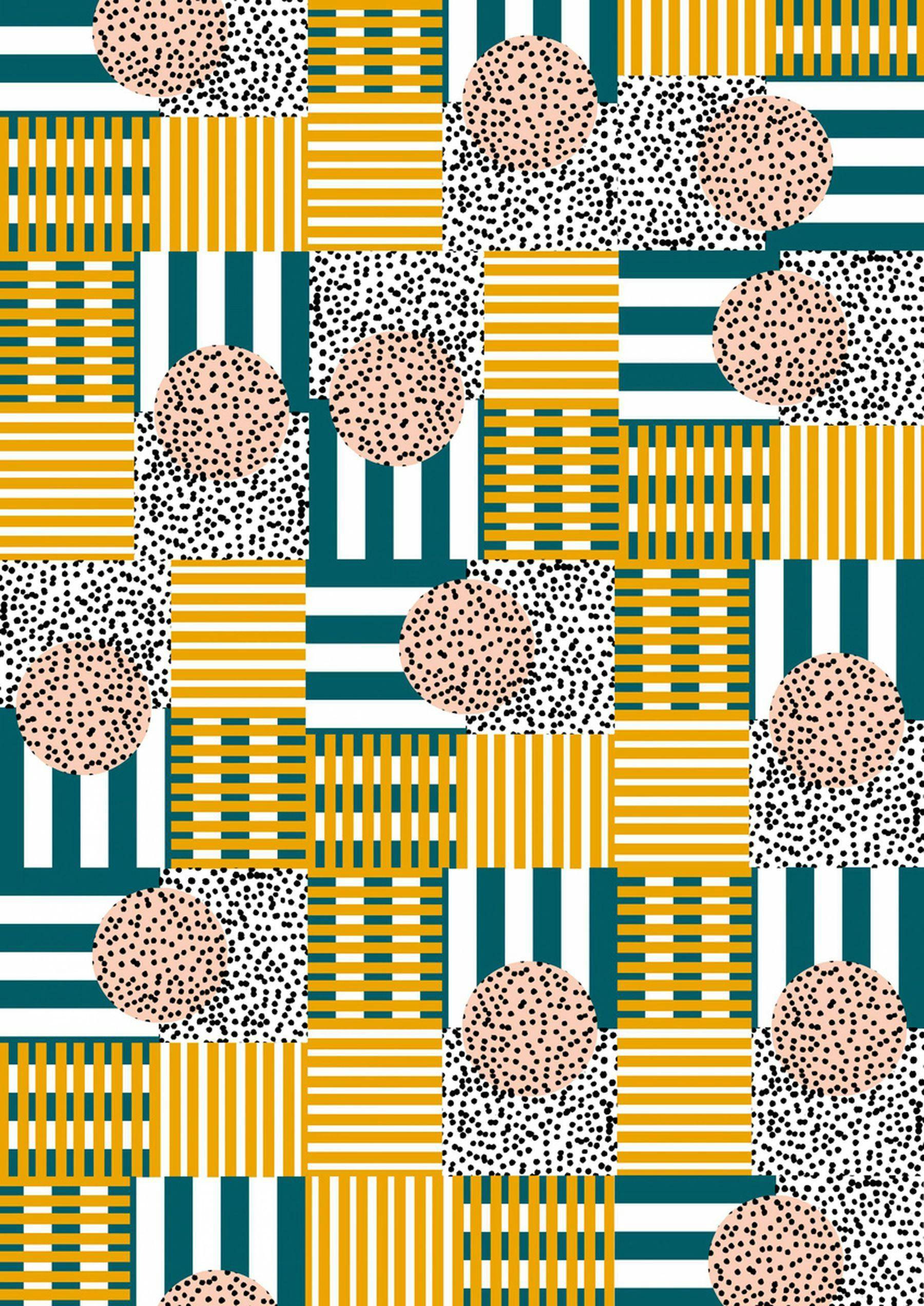 A digital illustration of a geometric pattern of different squares with vertical and horizontal lines and circles consisting of polka dots. Colours include oranges, greens, white and blacks.