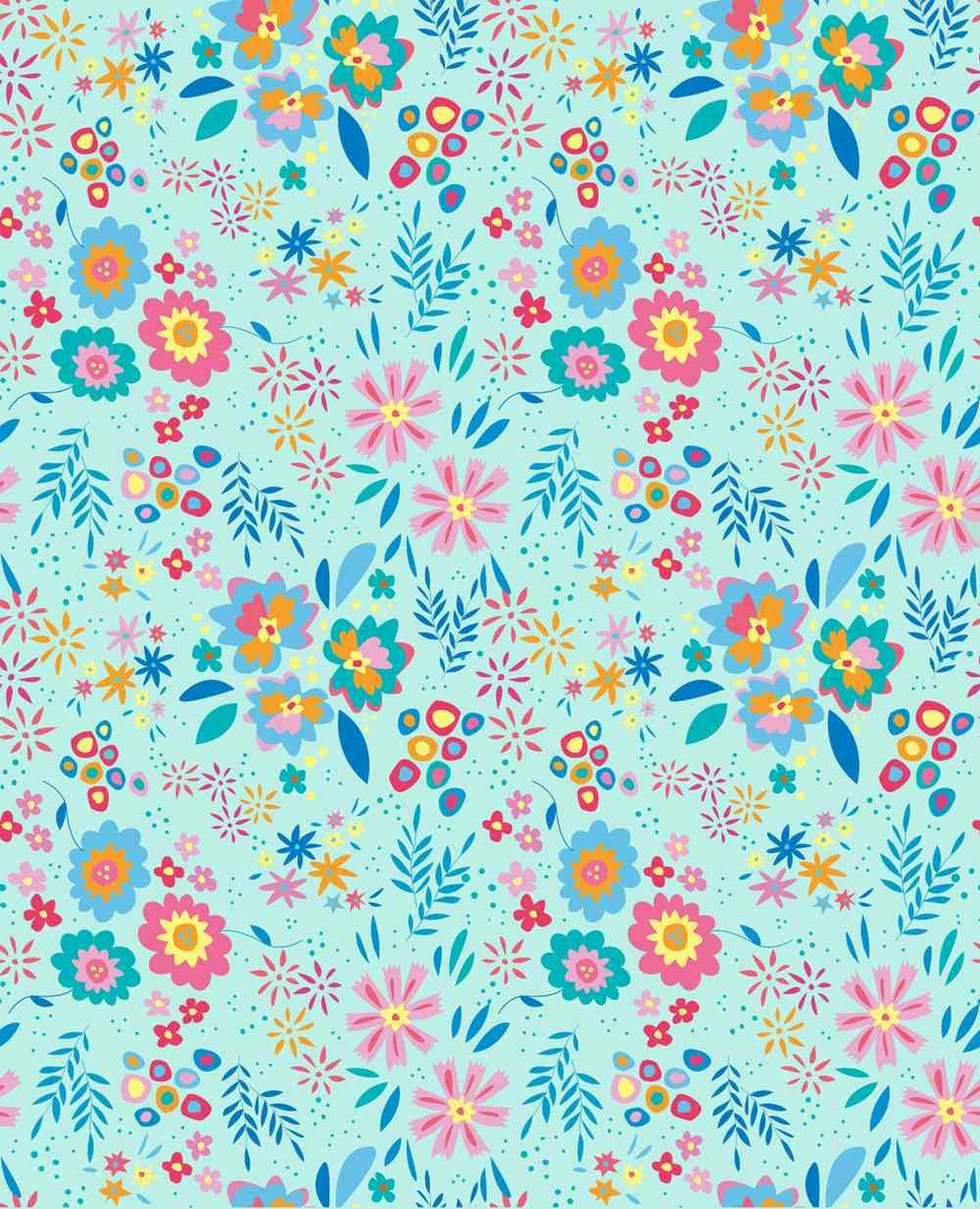 A digital repeat pattern illustration featuring colourful flowers on a light blue background. Colours include blues, yellows, greens and oranges.