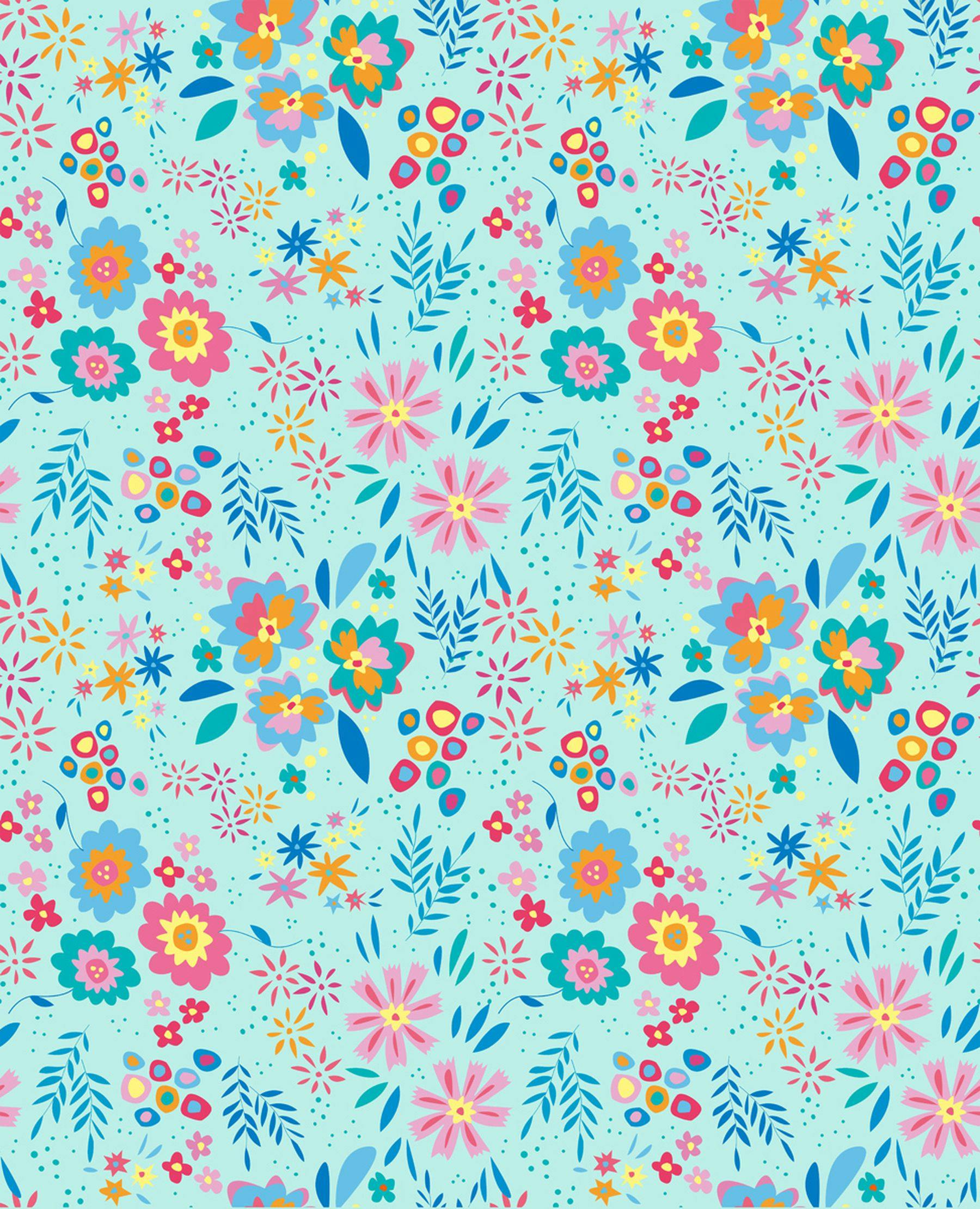 A digital repeat pattern illustration featuring colourful flowers on a light blue background. Colours include blues, yellows, greens and oranges.