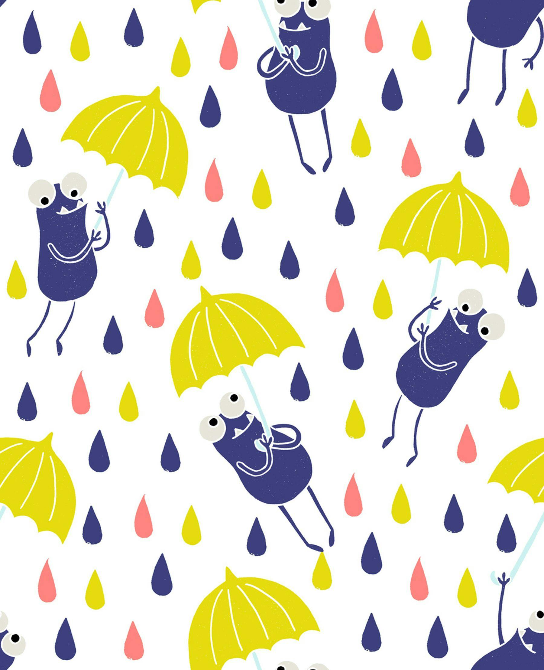 A digital illustration of a repeat pattern featuring purple cartoon frogs holding yellow umbrellas. Raindrop shapes cascade down in pink, yellow and purple.