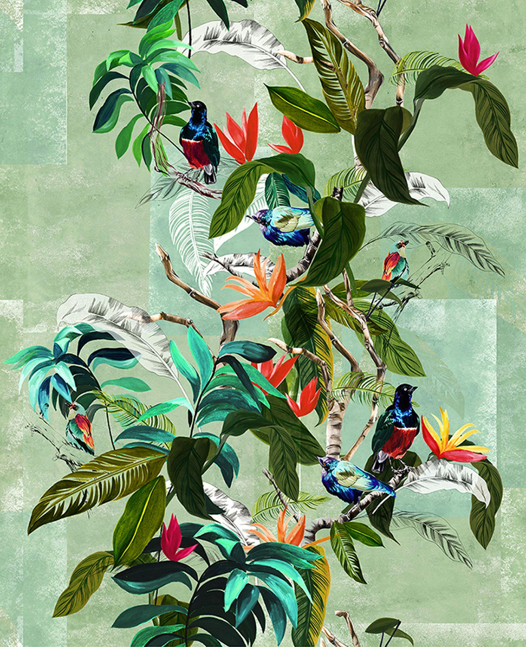 A digital pattern illustration featuring tropical leaves of various greens and oranges. Two birds are resting on the leaves and the background consists of a green print design.