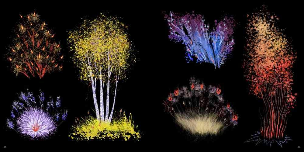 Six vibrant images, digitally painted, that appear to represent trees or fireworks. The colours are bright reds, yellows, purple, blues and pinks.