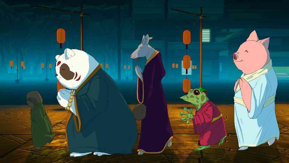 Five cartoon animals with human characteristics wearing a coloured robes and holding their hands as if in prayer. They are in a dark room with lanterns hanging in the background.