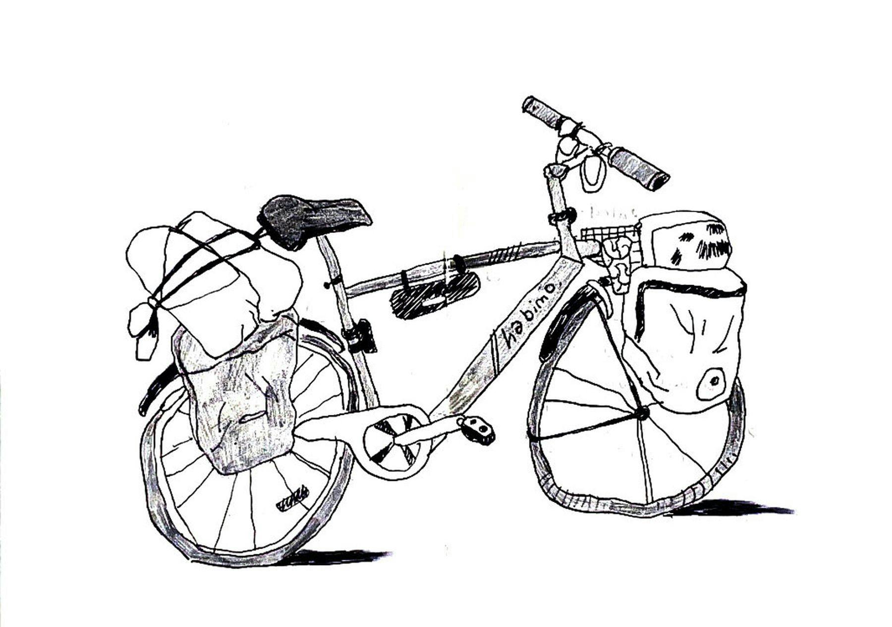 A pencil sketch of a bicycle with bags strapped to the front and back. The name of the bicycle “habimbo” is written on the bicycle’s down tube.