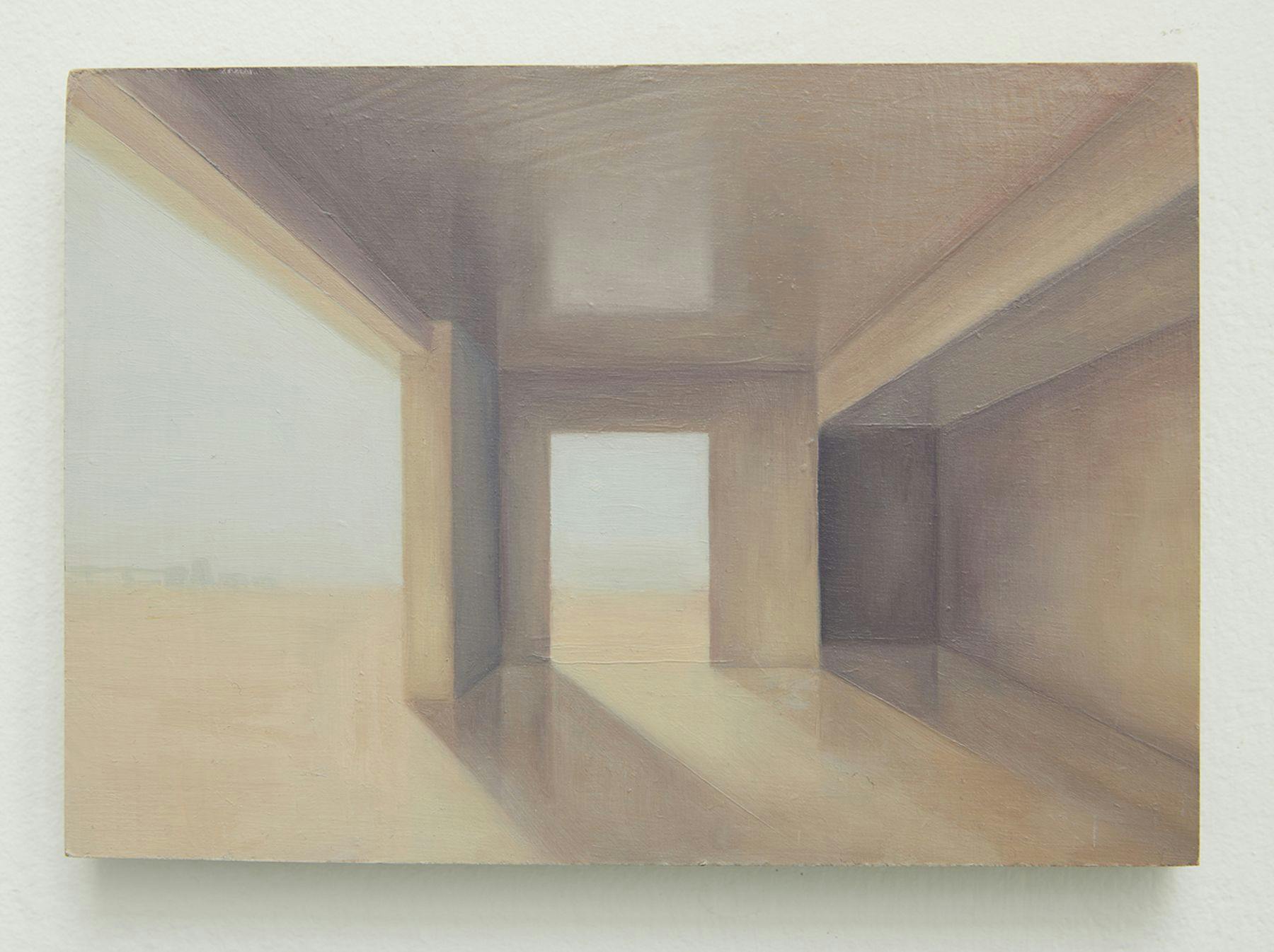 A photograph of a painting featuring an open space building structure with two entrance openings. They look out to an open space. The painting comprises of shades of cream and beige with slight shadows on the walls and floor.