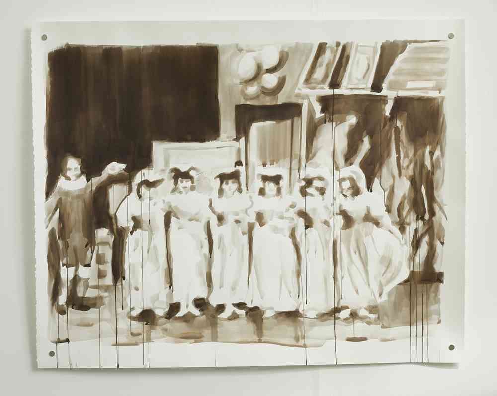 A black and white painting featuring a row of people in long white dresses and veils standing in a line. On the left is a figure holding out an arm to present them. Behind them is a doorway, a shelf with frames and plates attached to the walls.