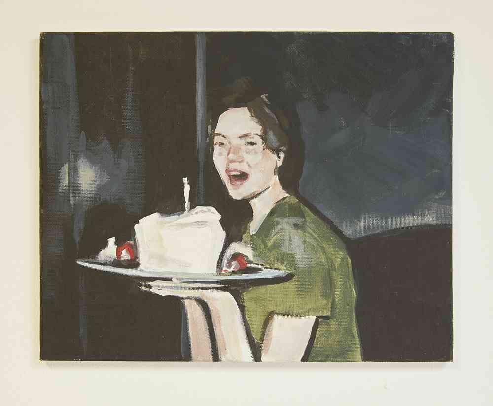 A painting of a person holding a cake with a candle which they are getting ready to blow out. They are wearing a green t-shirt and the background of the painting is dark.