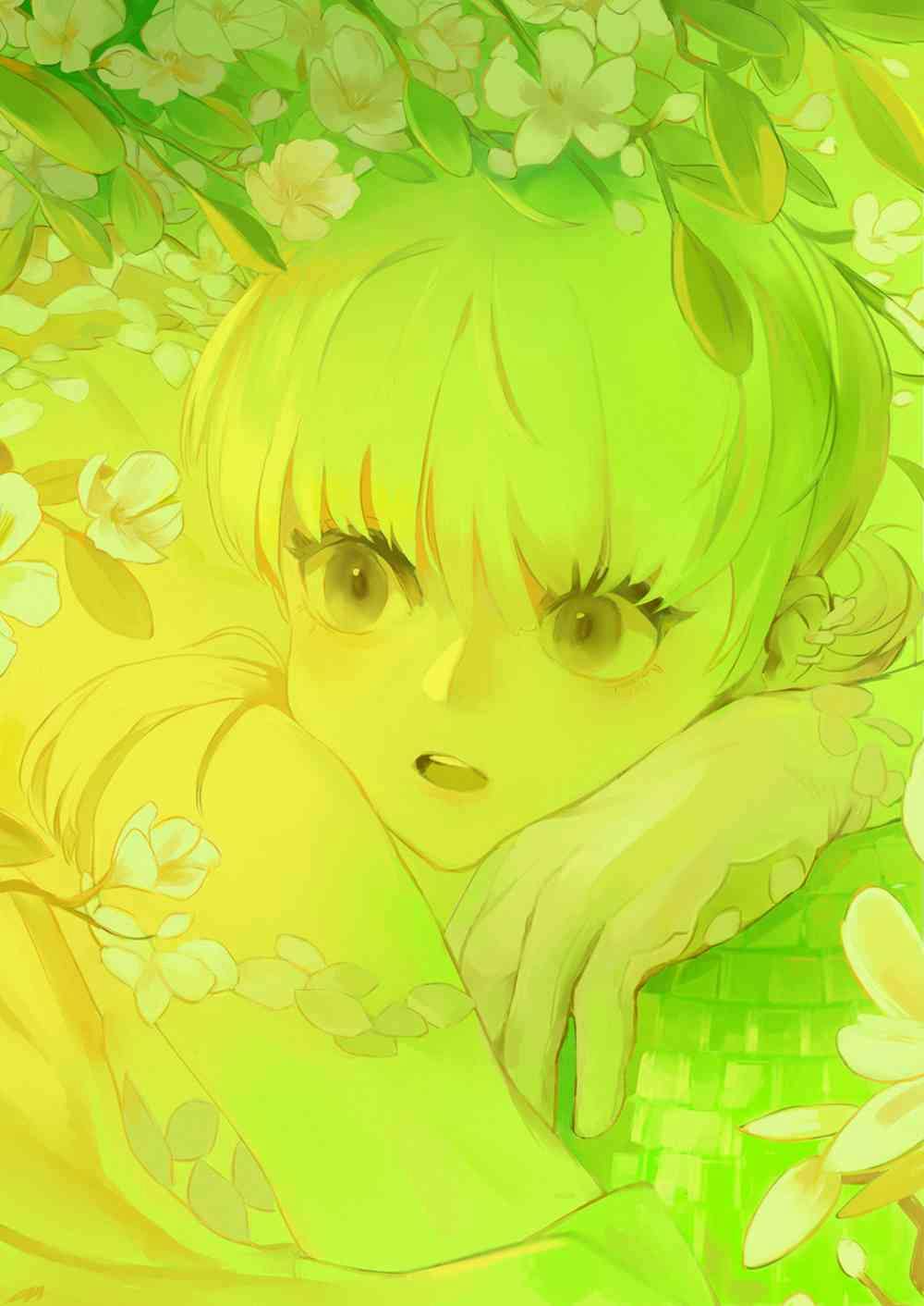 An anime style illustration of a person with large eyes and a long fringe. They are resting against their hand and are surrounded by flowers. The image is tones of green.