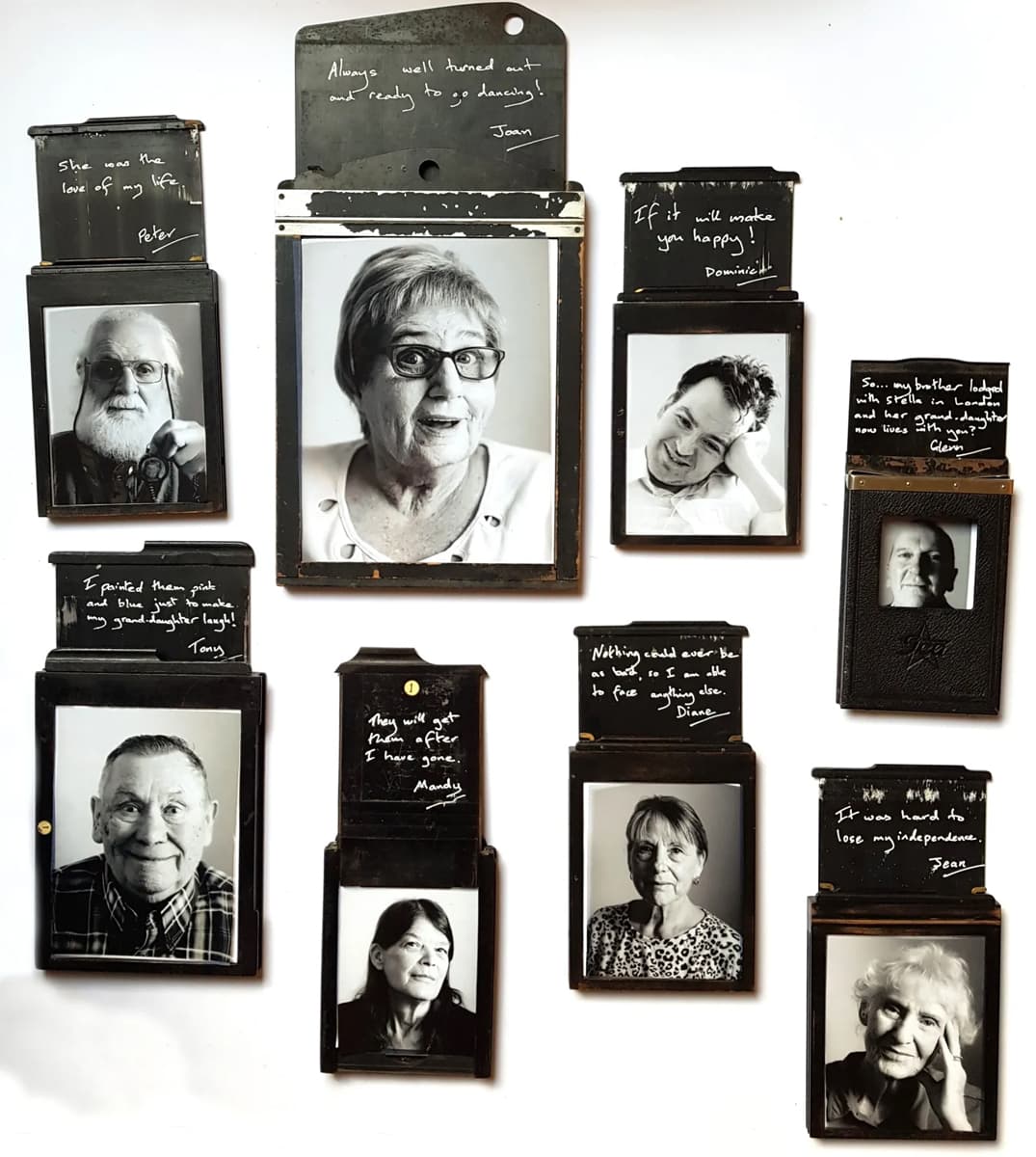 A collection of black-and-white portraits, each with a personalised handwritten message above their photograph.