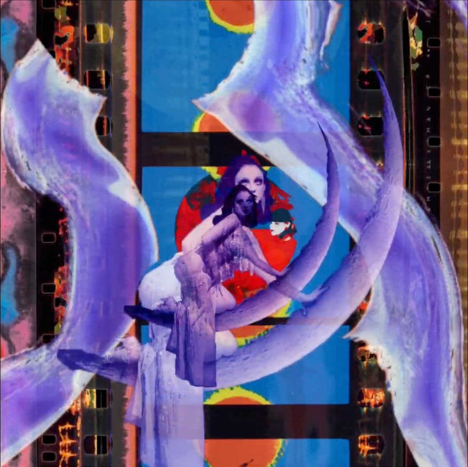 A surreal collage with overlapping images of people, abstract shapes, film strips, and vivid colours, centered on a red circular motif.