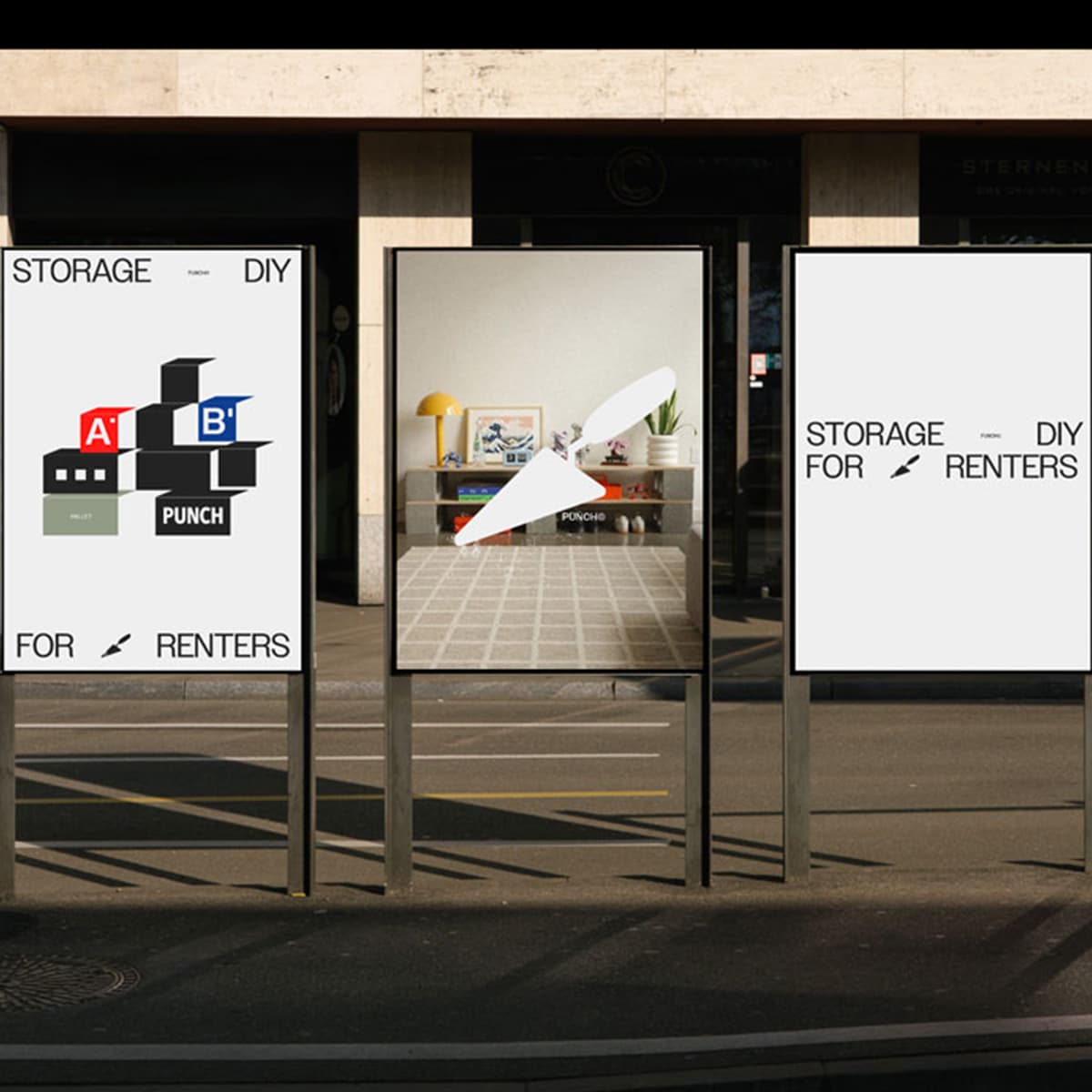 An image featuring three outdoor posters on a sidewalk show a DIY storage concept for renters.