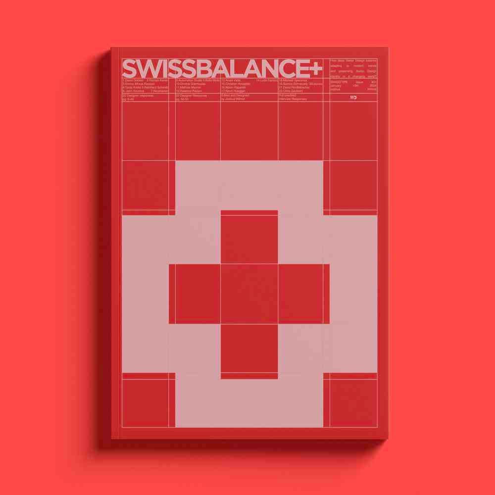 A red book titled Swissbalance+, with a light pink grid design and red cross from the Switzerland flag in the centre.
