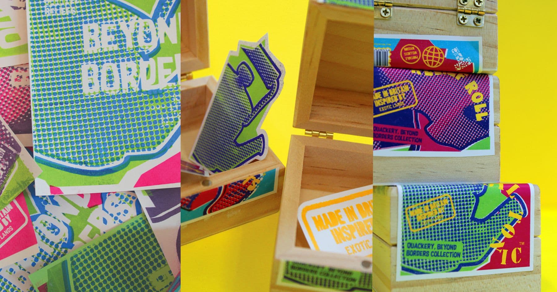 Three images featuring colourful prints and stickers. Some feature in a wooden box against a yellow background.
