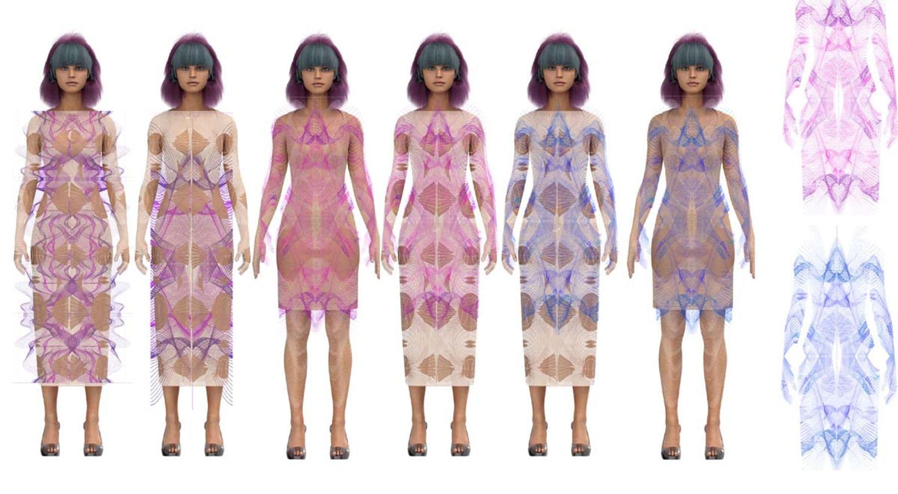 A digital mock-up showcasing a model wearing variations of a pink and purple long-sleeved dress with sheer cutouts. The dresses feature shades of pink, purple, and nude.
