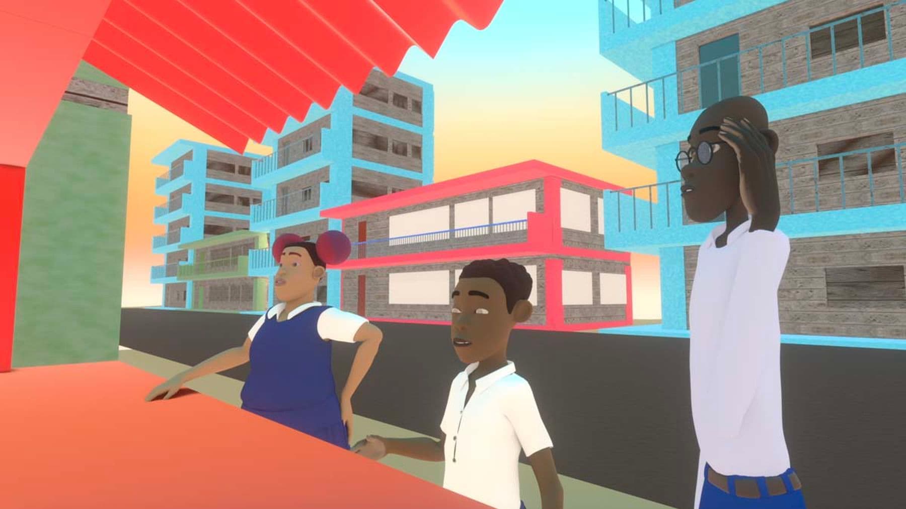 An animated still of three people on a balcony with colourful blocks of flats in the background. Two of the people sit at a red table, while the third person stands with their hand resting on their head.