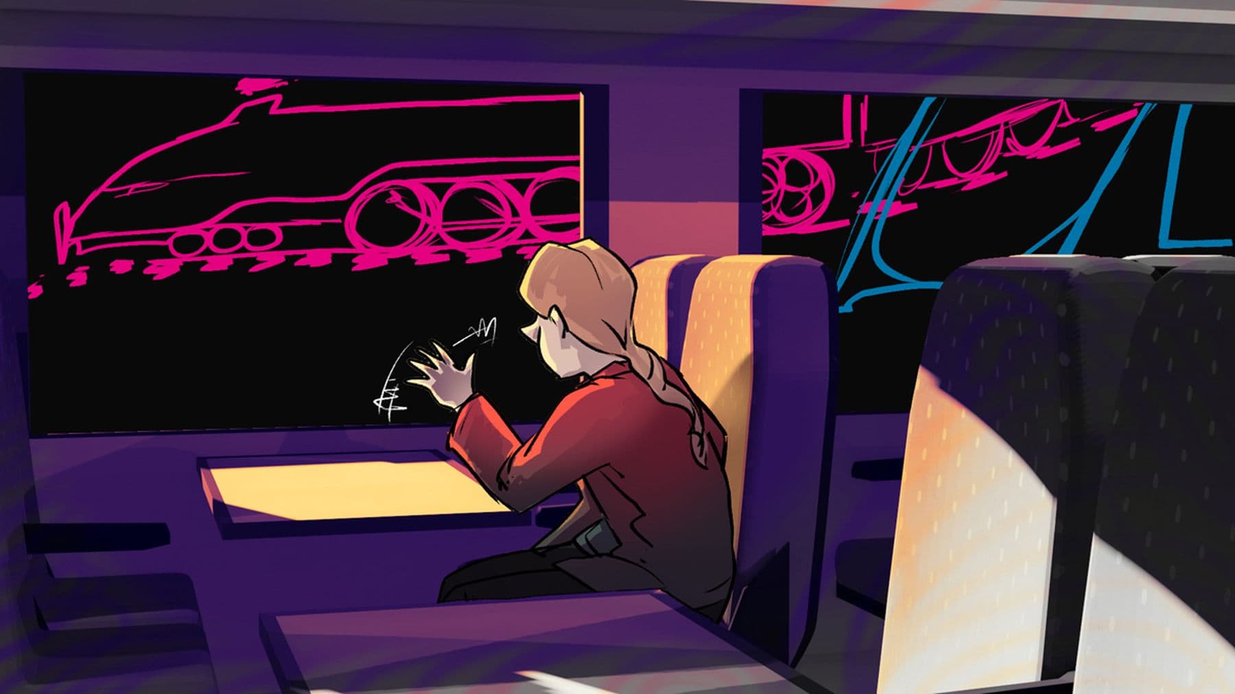 An illustration of a person with light orange plaited hair sitting on a train with a purple interior. The character is gazing out the window, looking at  a bright pink sketched outline of another train.