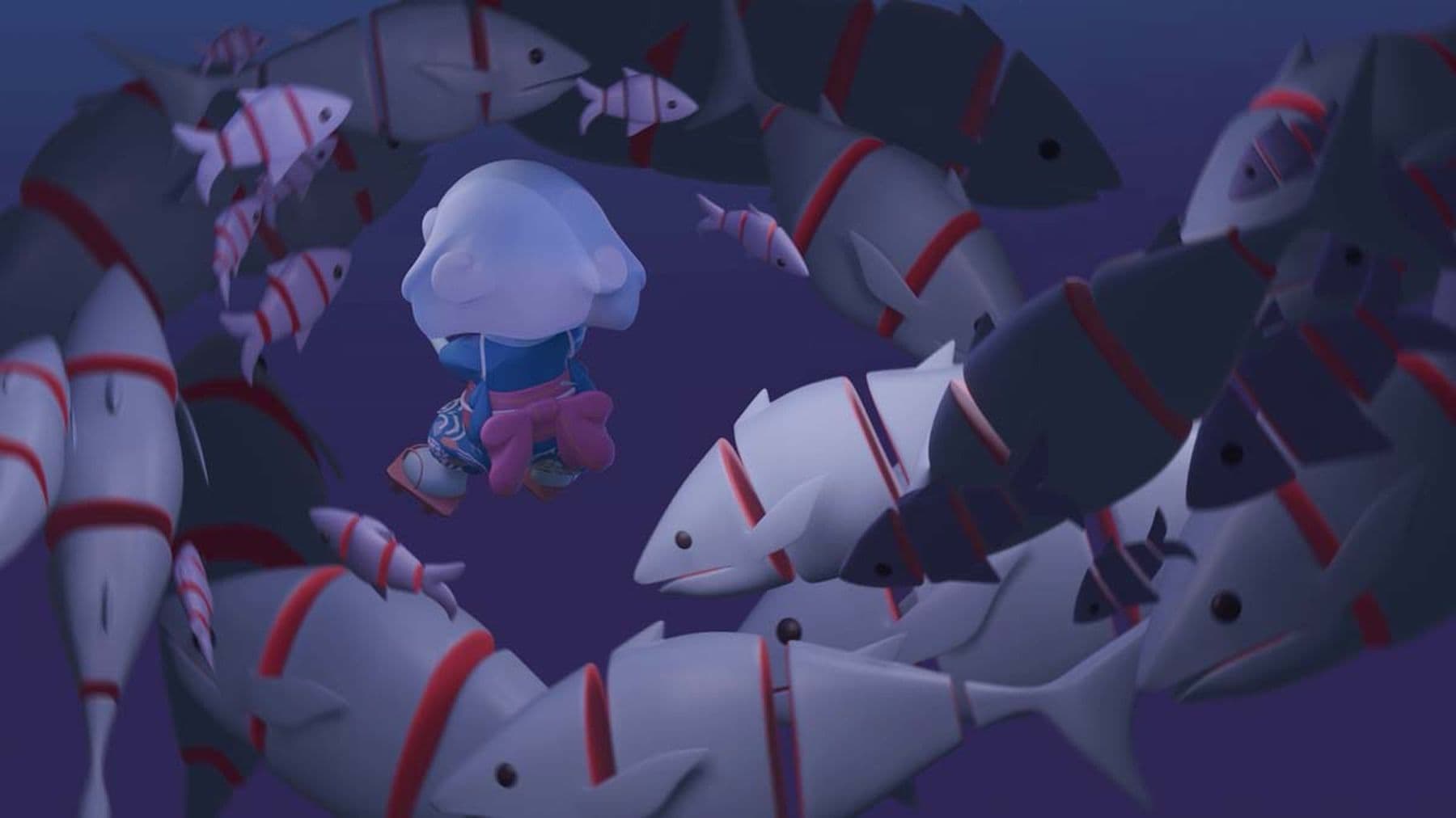 An animated still of a small figure in a blue kimono with a pink bow, surrounded by a school of white fish with red markings.