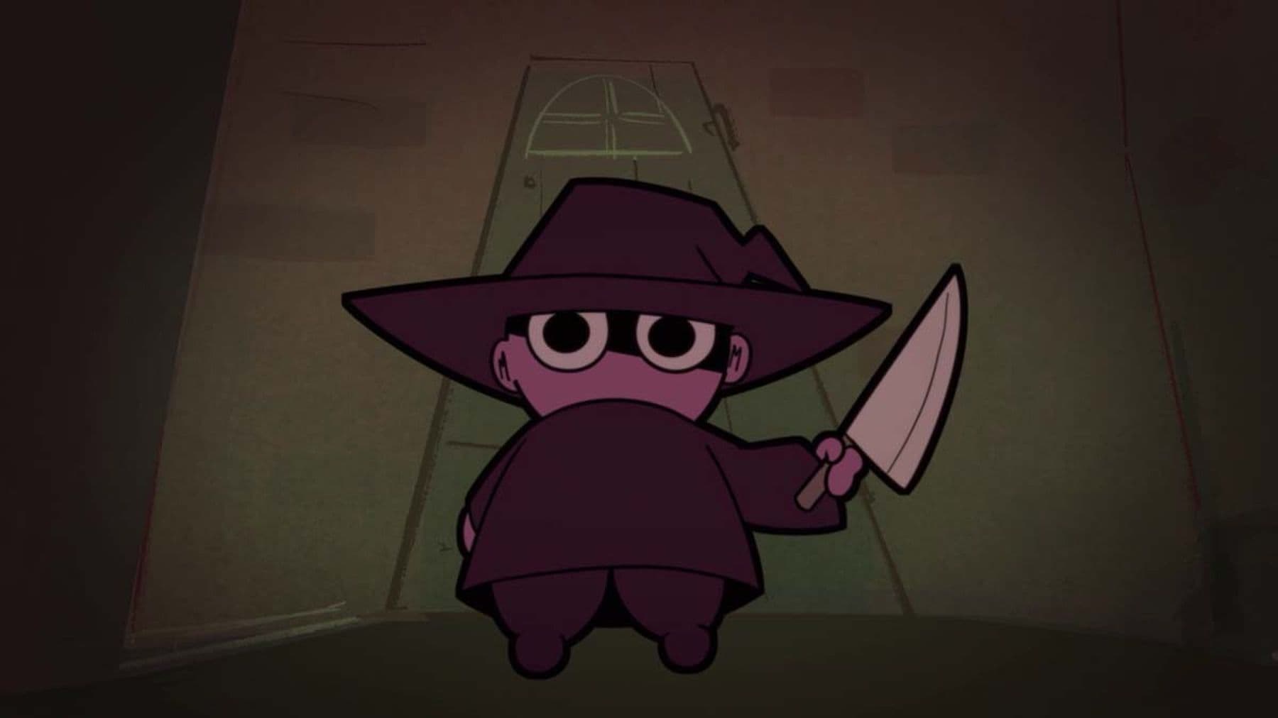 An animated scene of a small figure in a brown fedora hat and smock, standing in front of a green door. The character wears a mask over their eyes and is wielding a knife.