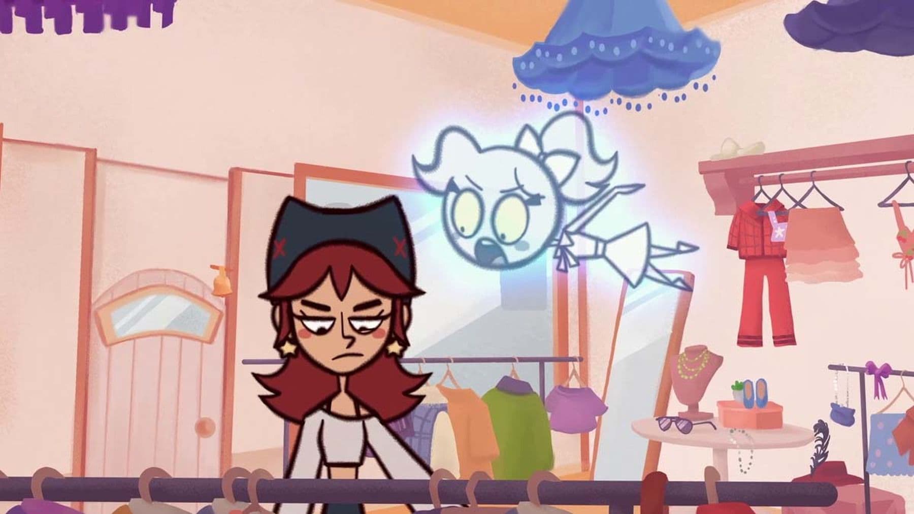 An animated still of a person in a hat, crop top, and star earrings in a clothing store. Above them is a translucent ghostly figure in pigtails who is shouting at them.