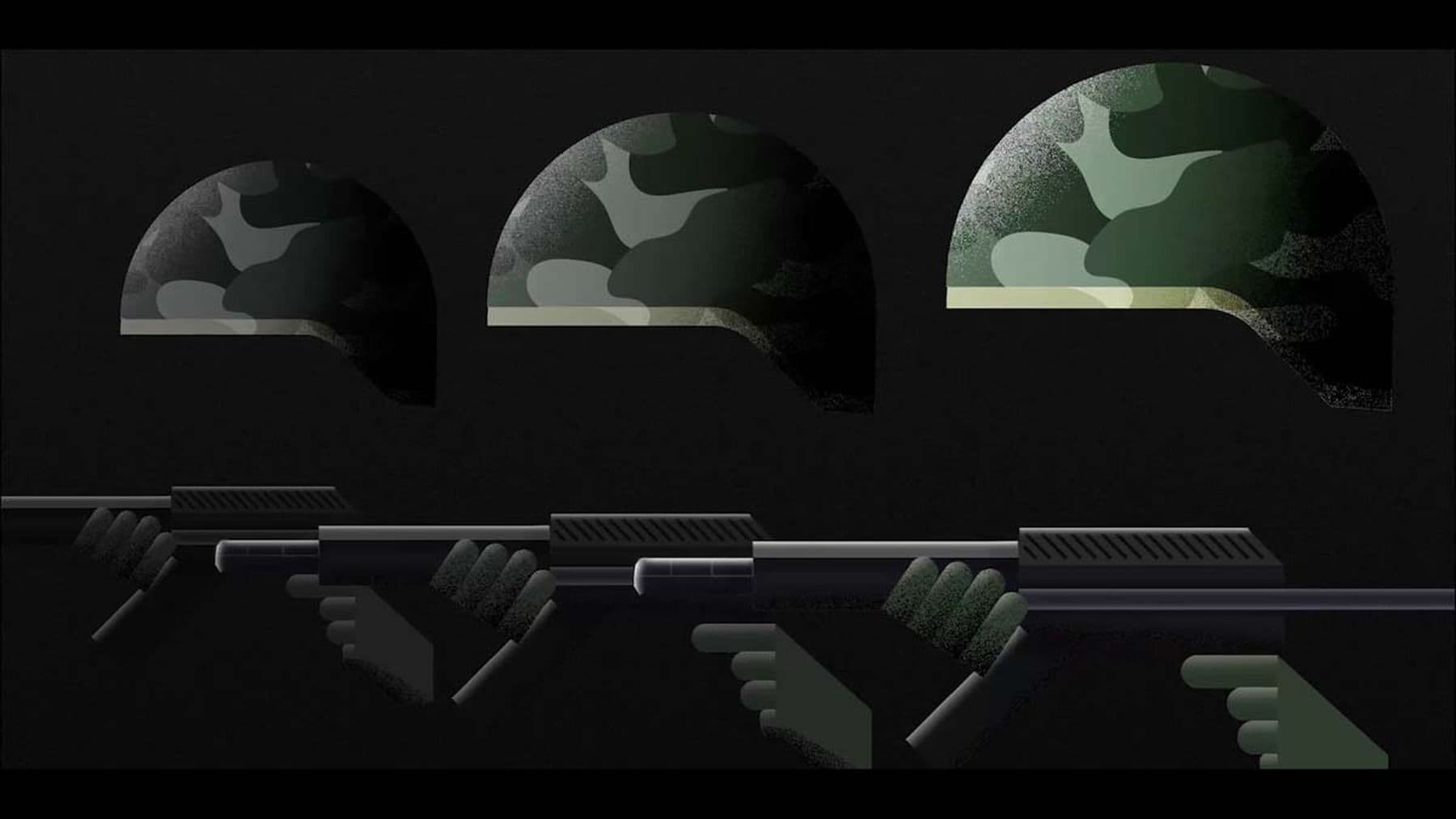 An illustration of a grey and green army-patterned helmet and hands underneath holding a gun. The illustration is repeated three times, gradually fading from right to left. The illustrations are set against a black background.