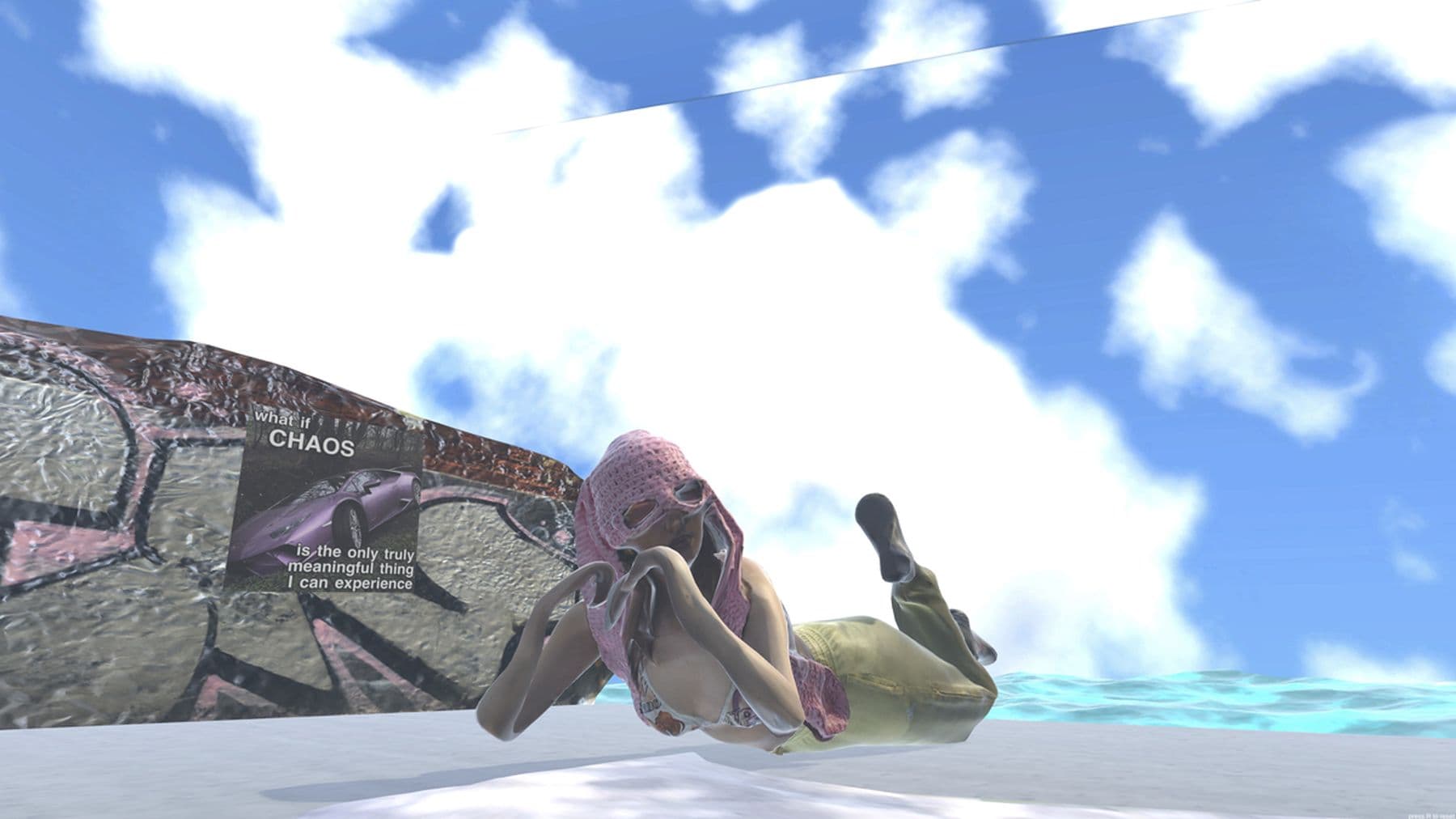 Digital character in a pink knit hat poses on a white surface under a blue sky. A sign reads, "CHAOS is the only truly meaningful thing I can experience."