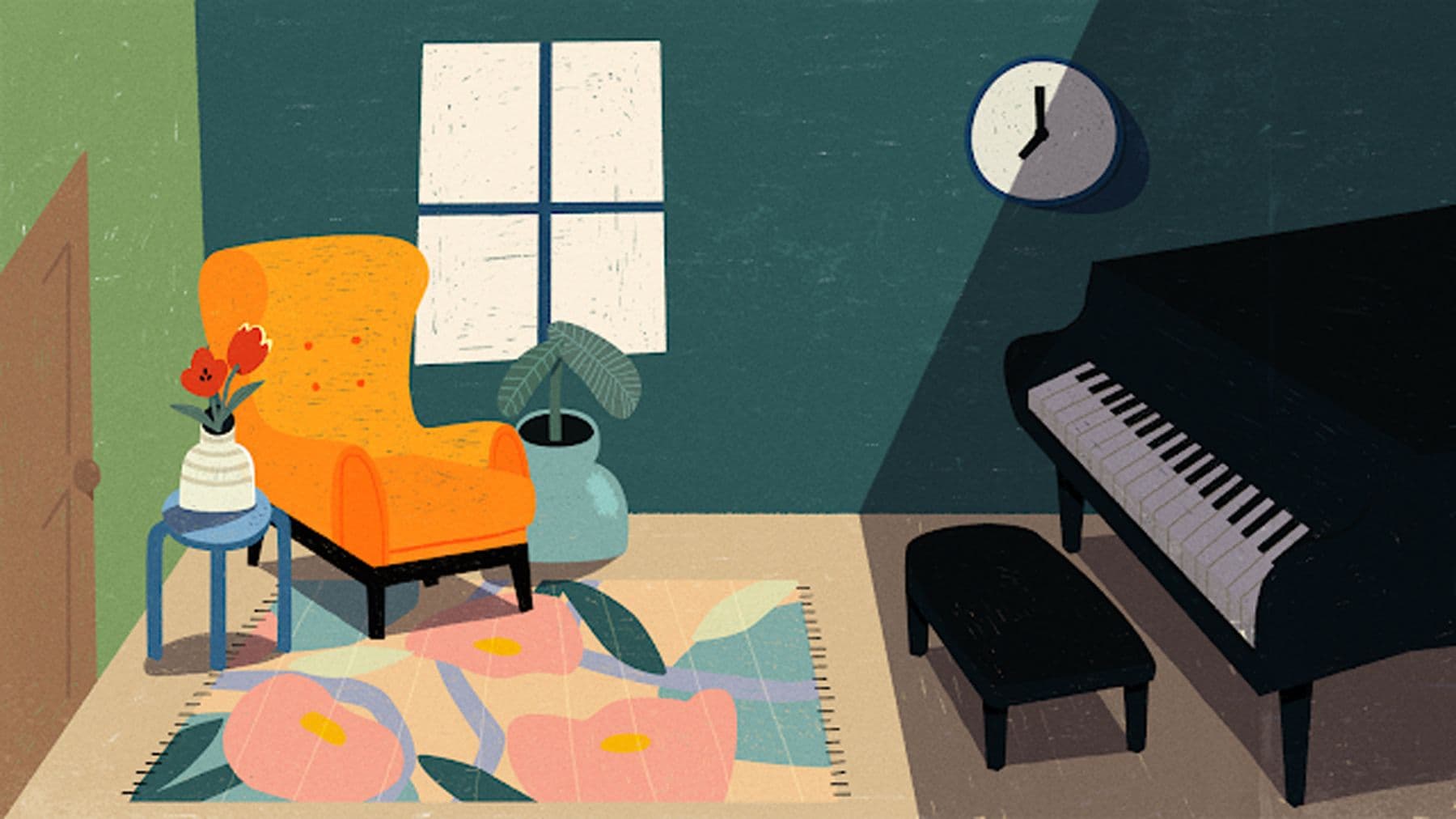 An illustrated living room featuring an orange armchair in one corner, next to a blue table with a vase of red flowers on top, and a large blue vase with a green plant on the other side. In the opposite corner, in the shadows, is a black and white piano.