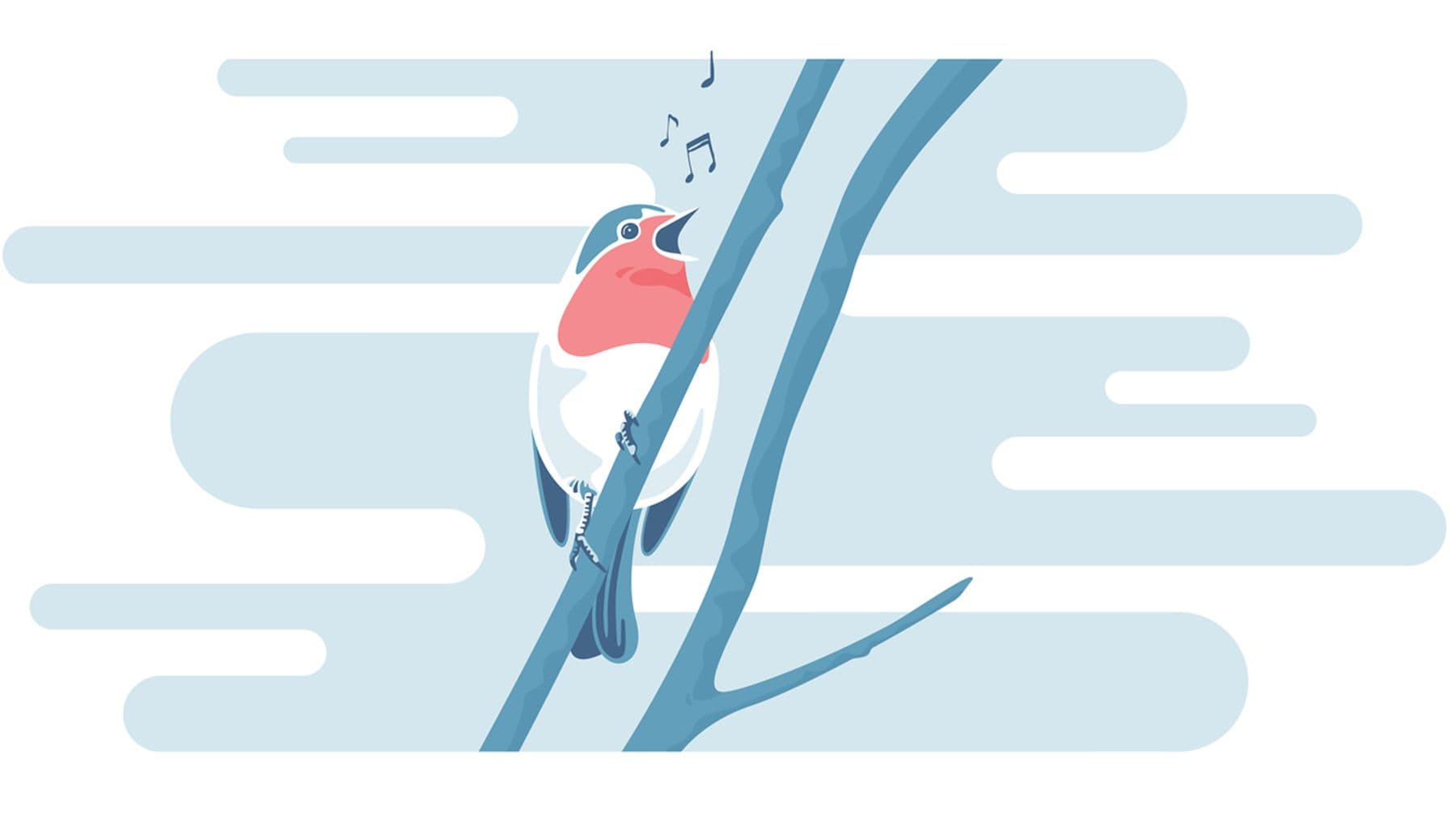 An illustration of a robin with a red breast singing on a branch with musical notes floating out of its beak. The image has a blue tint with curved blue shapes in the background.