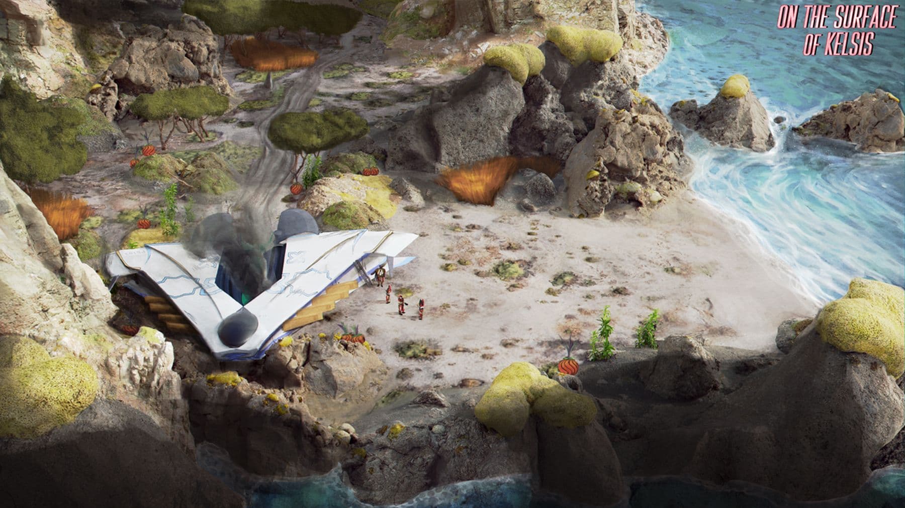 A digital drawing of part of an island called "On the Surface of Kelsis". There is a shuttle on top of the beach with people in the distance next to it. The beach is surrounded by sea, rocks, trees and plants.