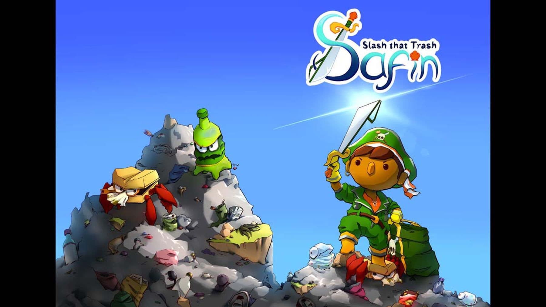 A digital design of a  cartoon character in green armour holding a sword atop a trash pile, with a green bottle character beside them. Text reads: 'Slash that Trash Safin.'