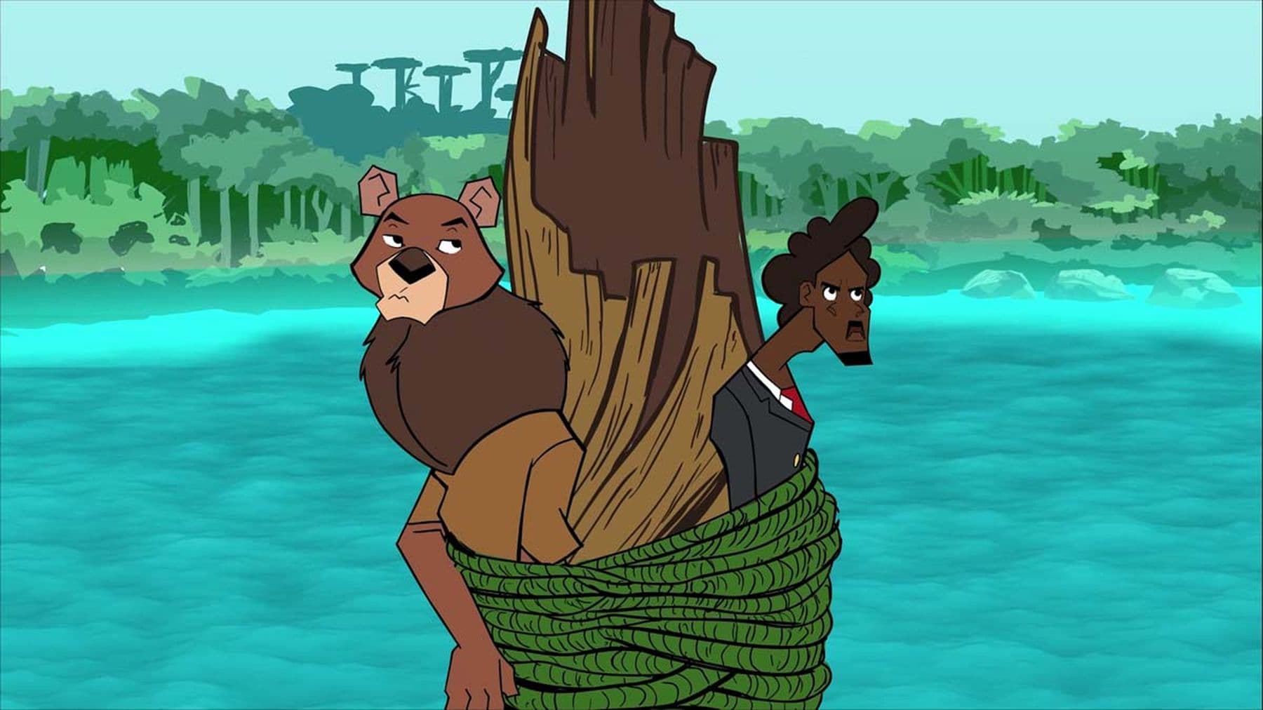 An animated still featuring a person in a suit and a bear tied to a tree trunk, floating upright in a vast blue sea with lush green trees in the background.