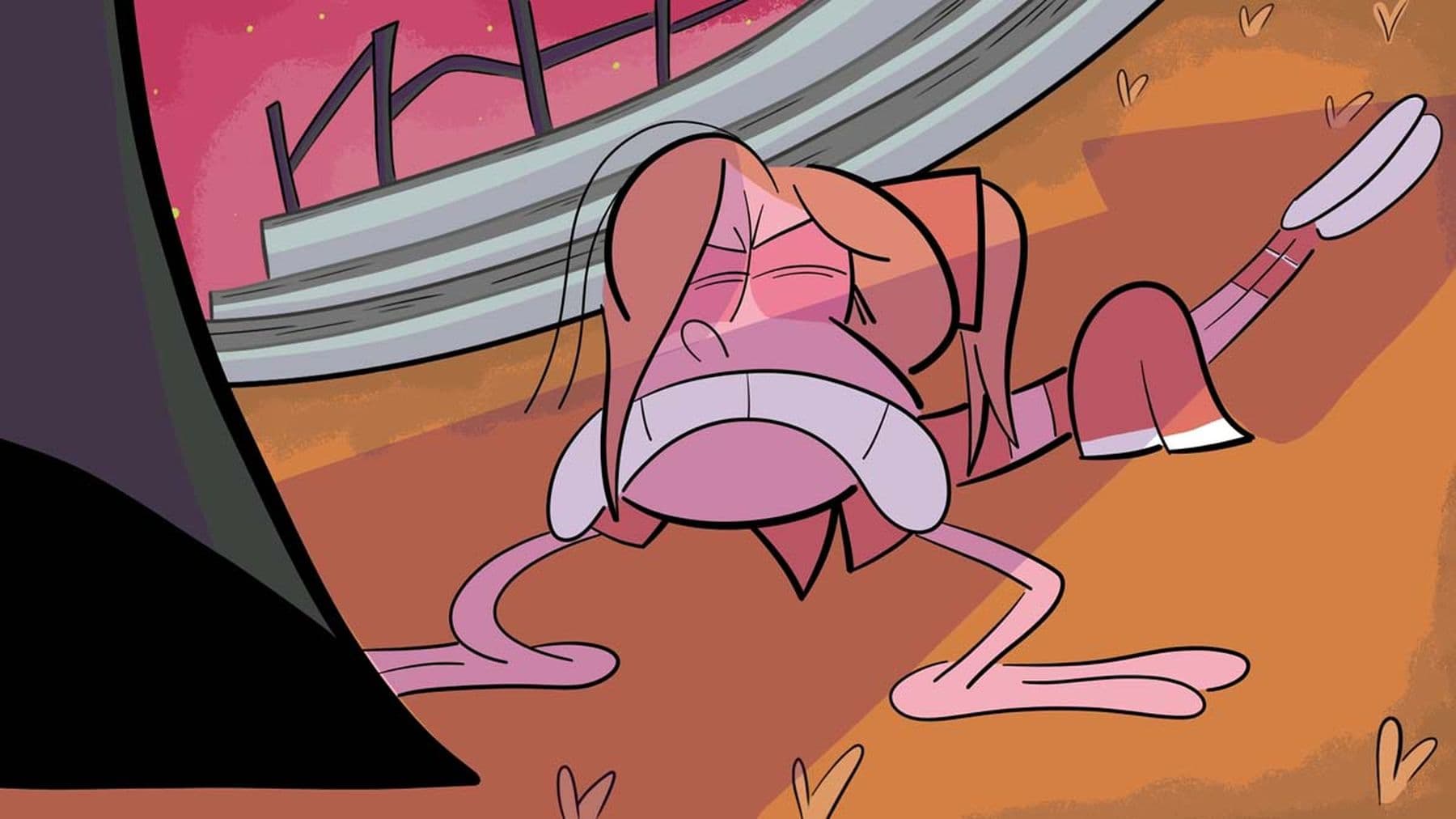 An illustration of a person with light orange hair in pink clothing on the floor in a press-up position with an unhappy expression. Behind them are grey steps with rails, and orange grass beneath them.
