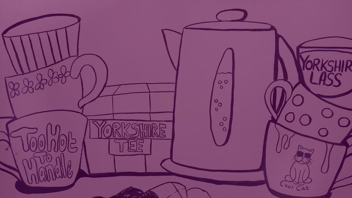 Illustration of a kettle, mugs, and a box labeled "Yorkshire Tea" with phrases like "Too Hot to Handle" and "Yorkshire Lass."