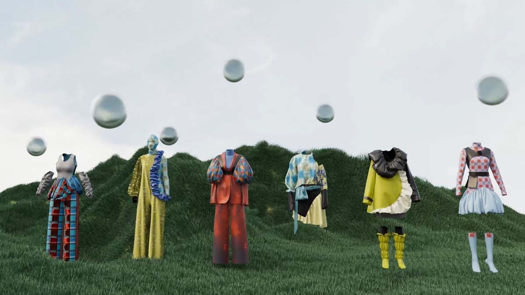 A digital design showcasing a row of colourful clothing in a standing posture including dresses, tops, trousers and skirts in shades of blue, red, yellow, pink, orange, and green. The background features a grey sky with grass and soft grey bubbles.