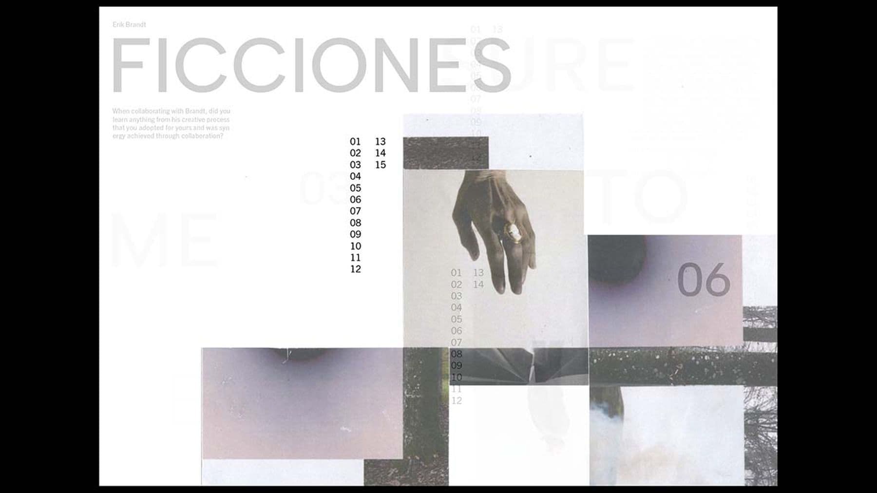 A digital collage with the word 'Ficciones' written at the top in capital letters. Images in the collage include a hand, numbers and geometric shapes on a white background.