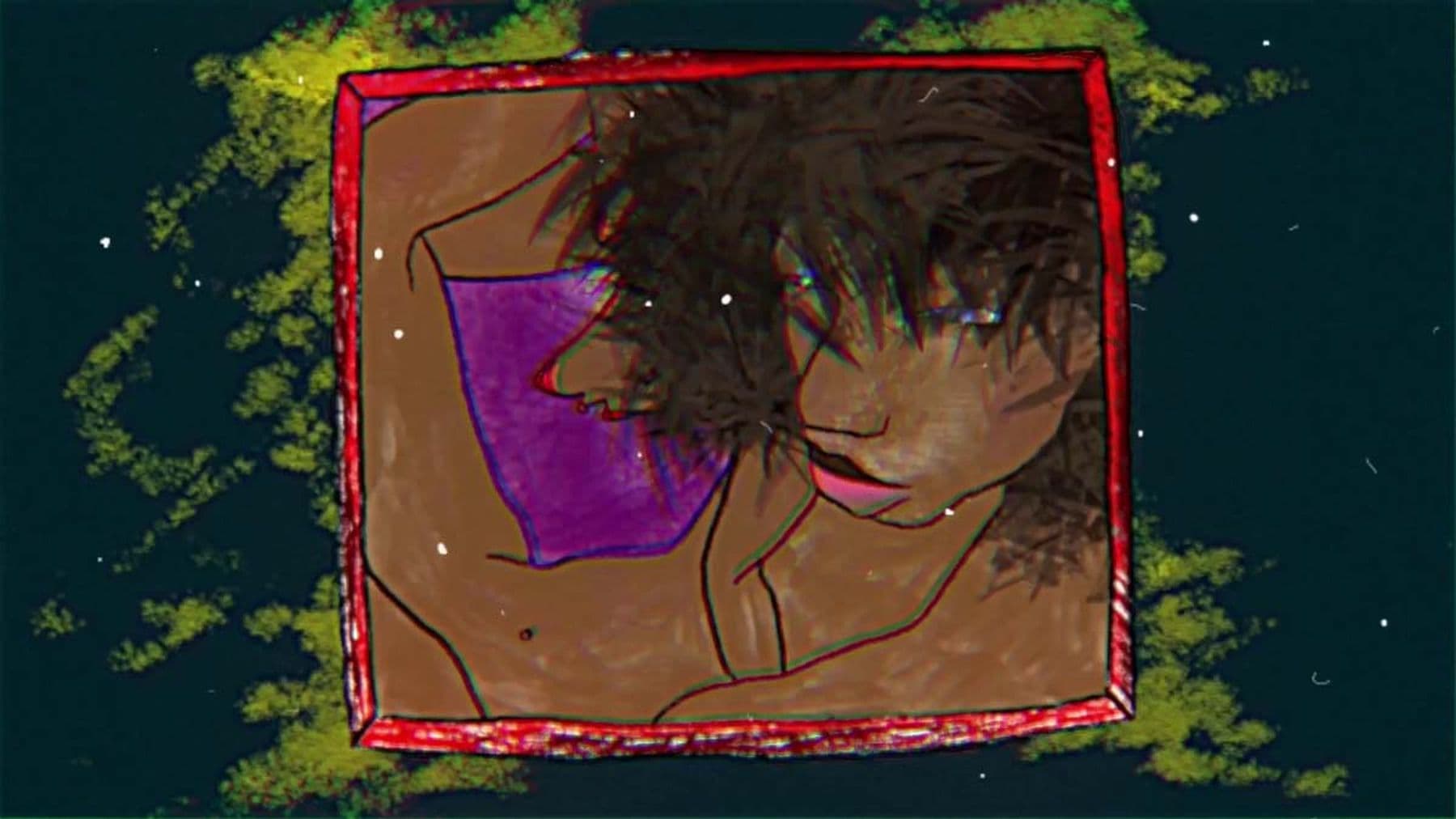An illustration of a person wearing a purple top contorted inside a small red square. The square is set against a black background with green abstract patterns.