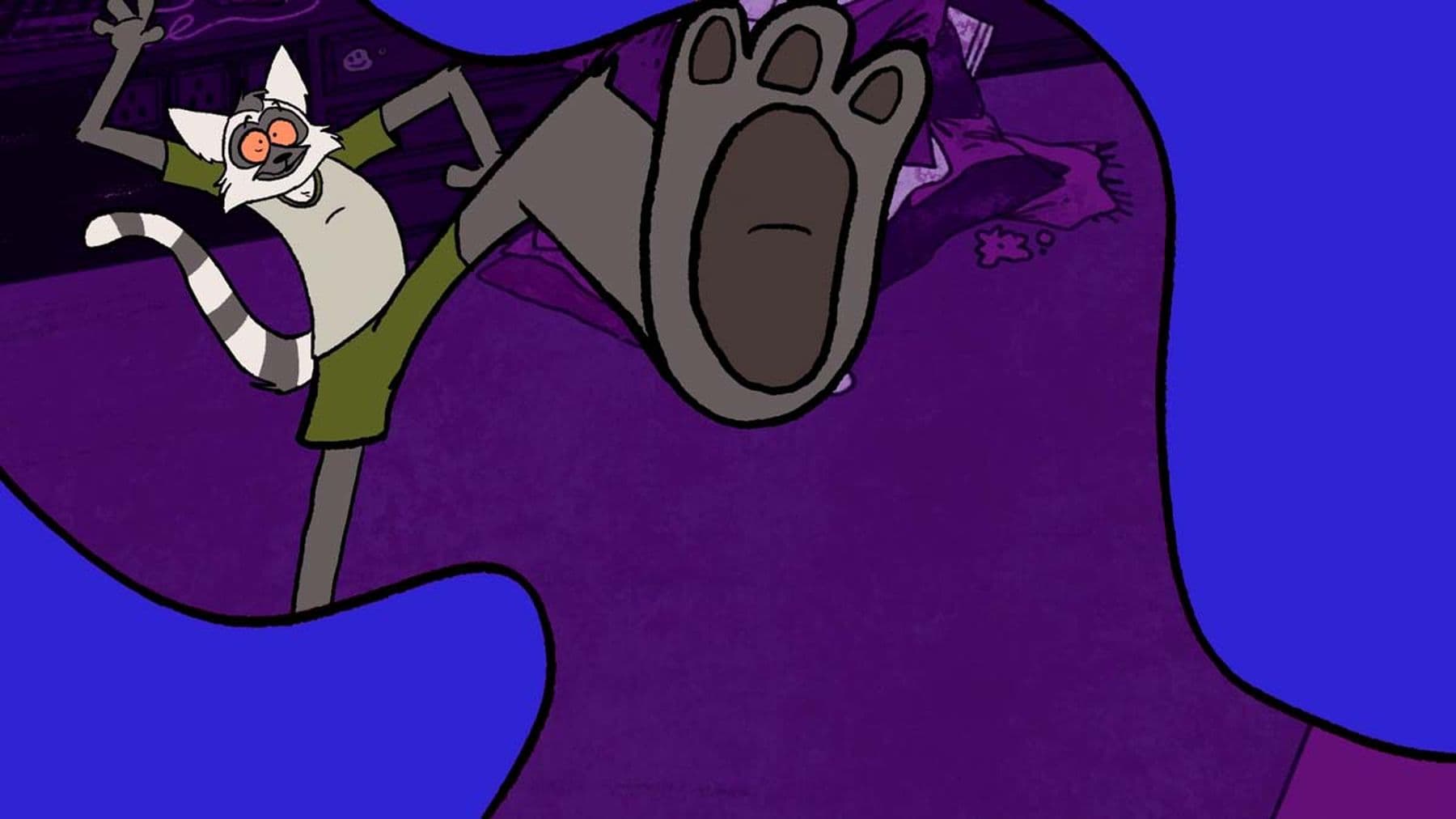 An illustration of a raccoon in a grey and green t-shirt and shorts, lifting their leg up so you can see a close up of the sole of their foot, as if they were going to stamp it down. The background behind them is purple and blue.