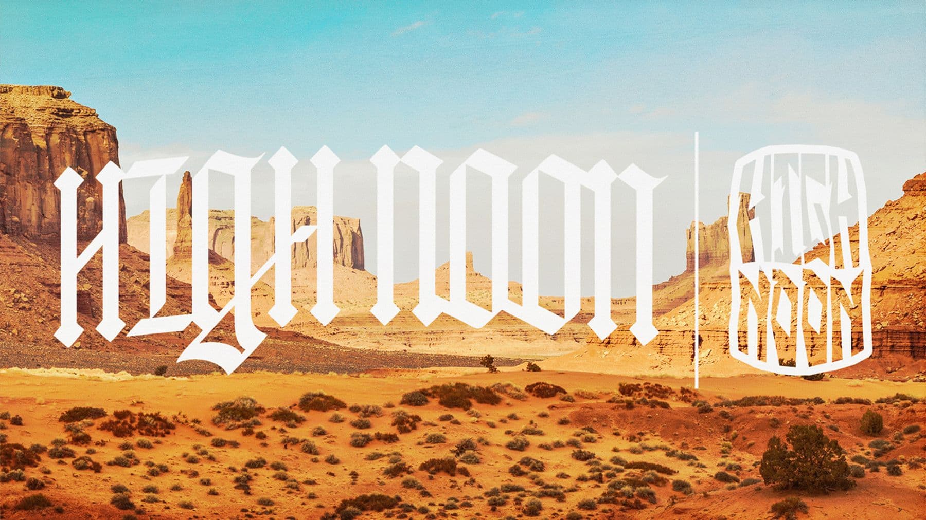 A design featuring a desert landscape with rock formations under a blue sky. Text that reads: ‘High Noon’ in white stylised font is placed in the middle of the image.