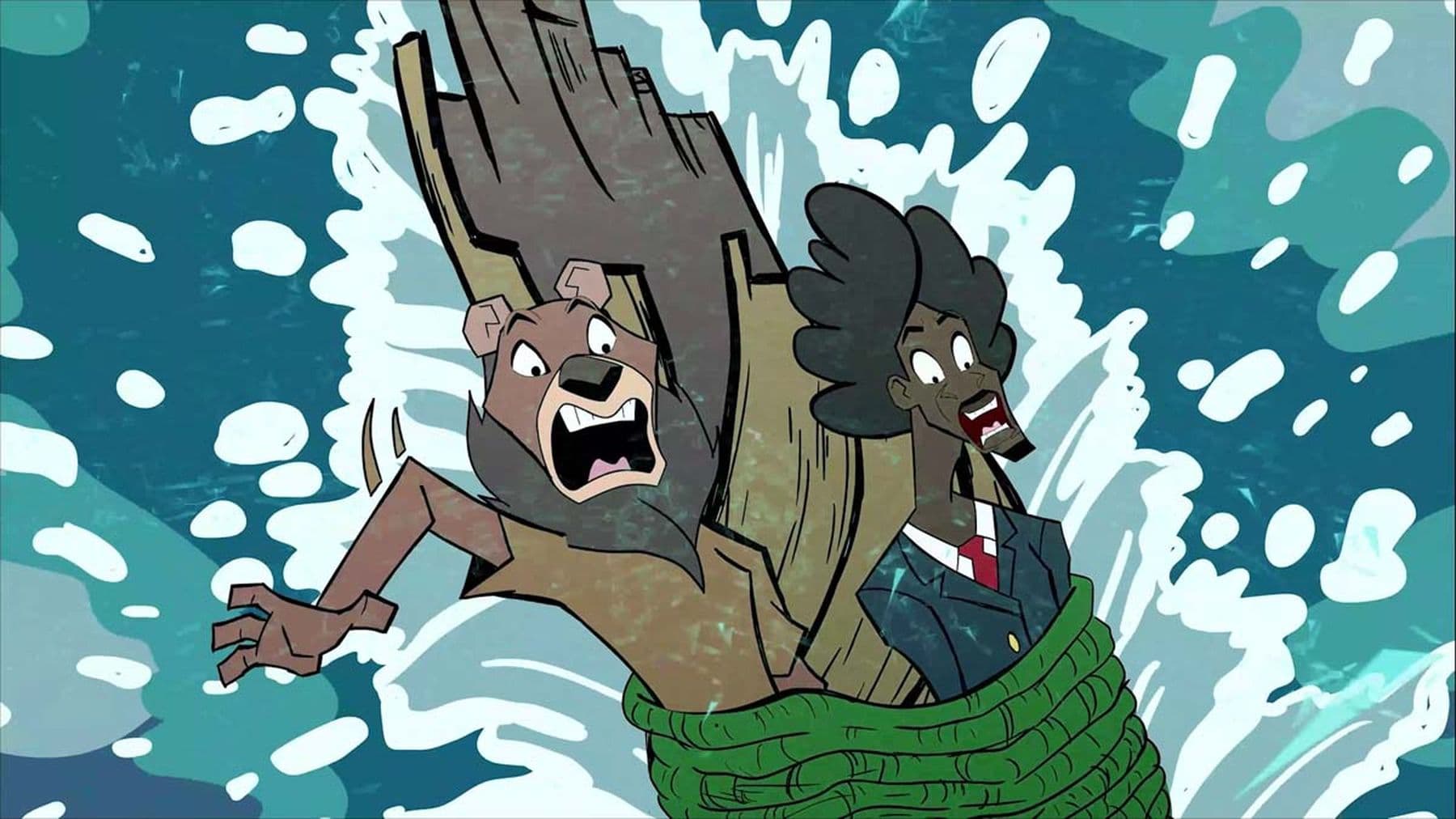 An animated still of a person in a suit and a bear tied to a tree trunk, splashing through water with expressions of alarm.