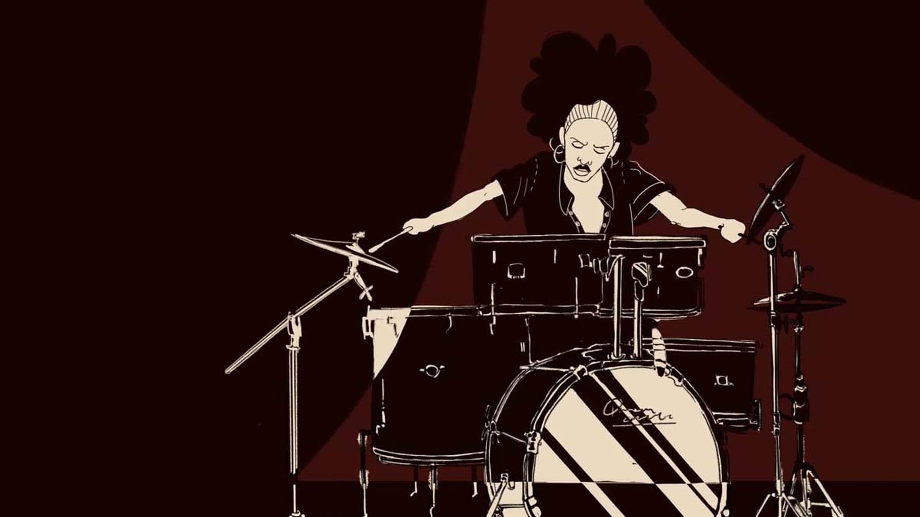 An animated scene of a person with an afro and headband playing drums, their sticks hitting cymbals on a black-and-white drum set. The background features red and black circles.